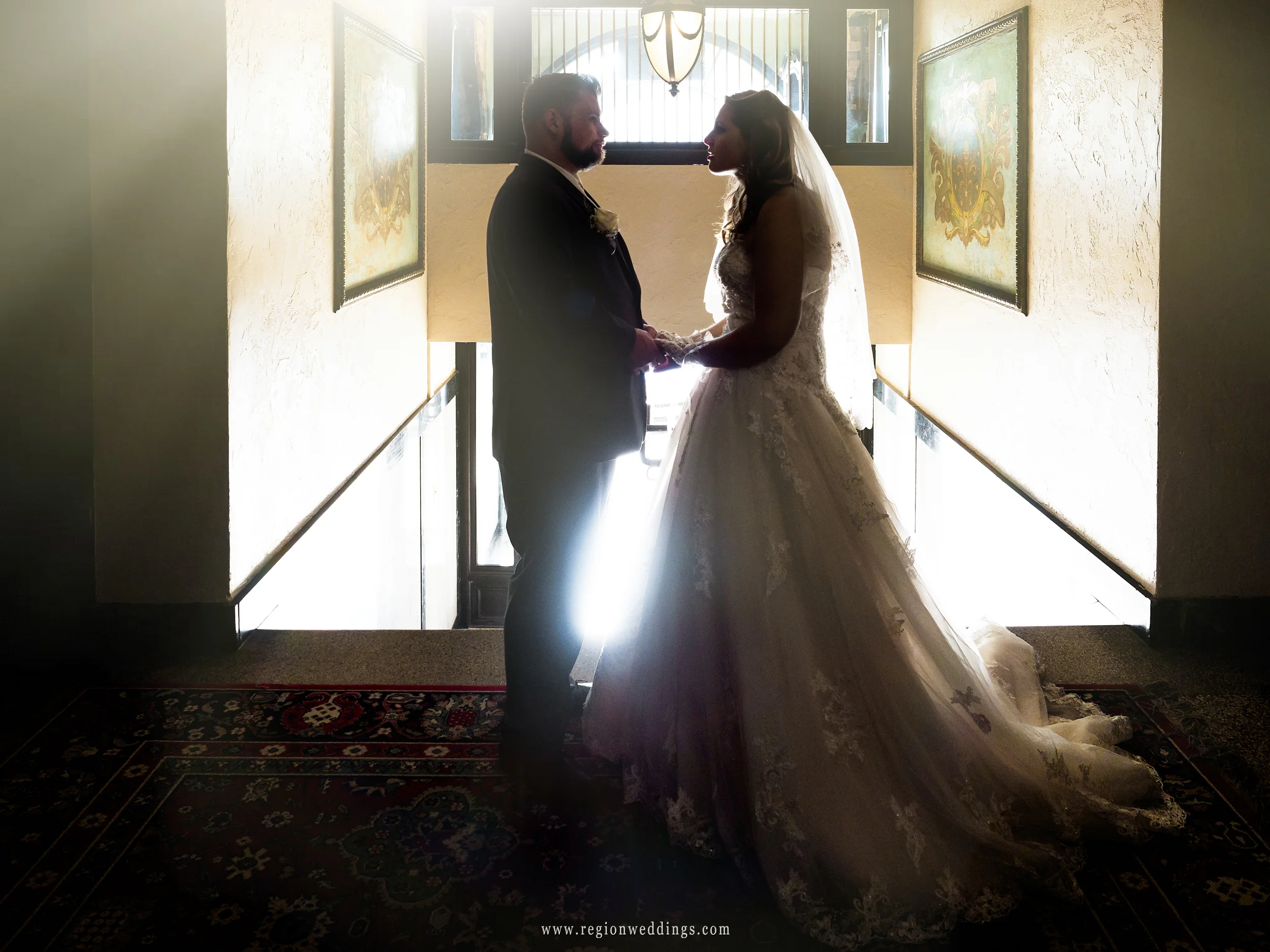 Bride and groom at the entrance to The Halls of Justice in Crown Point, Indiana.