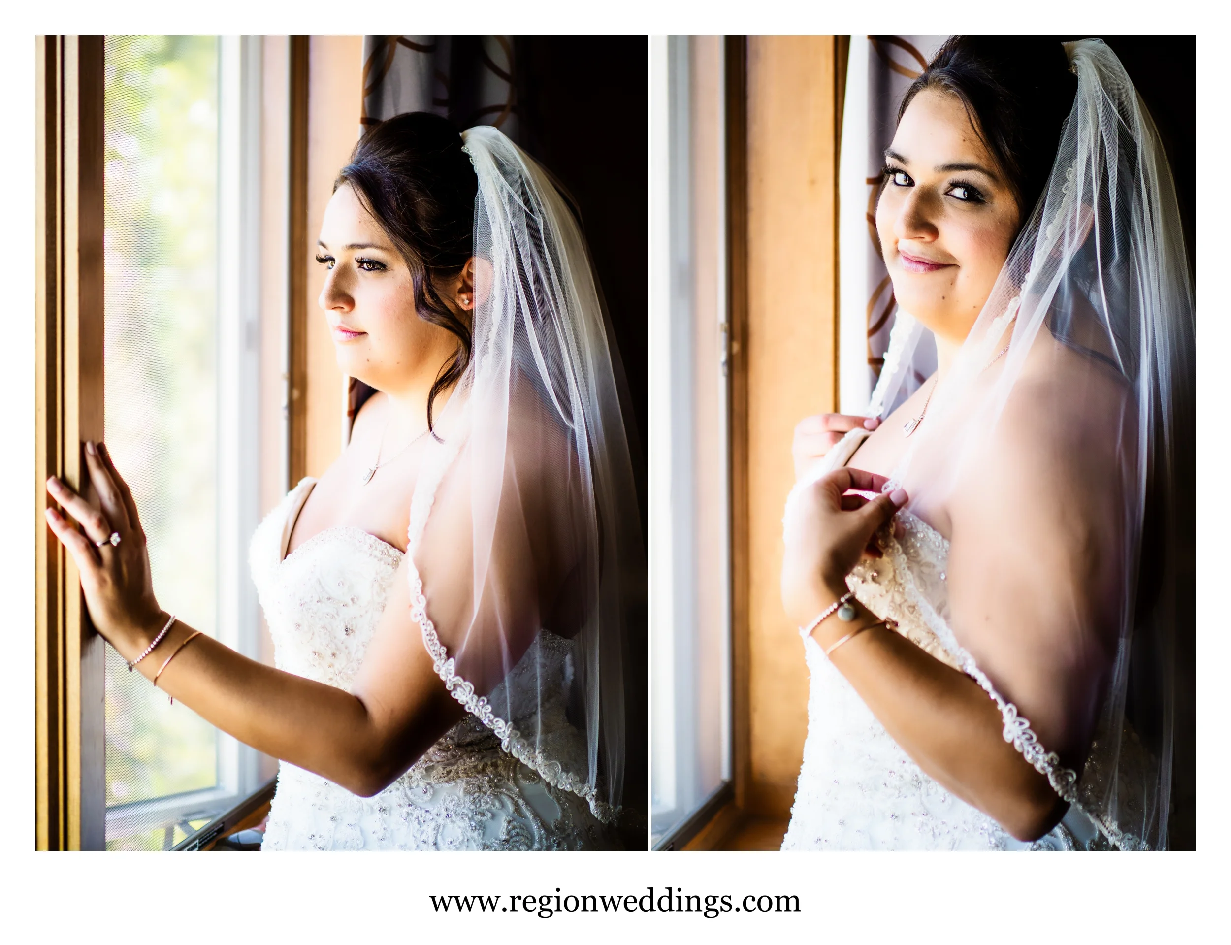 The bride illuminated by window light.