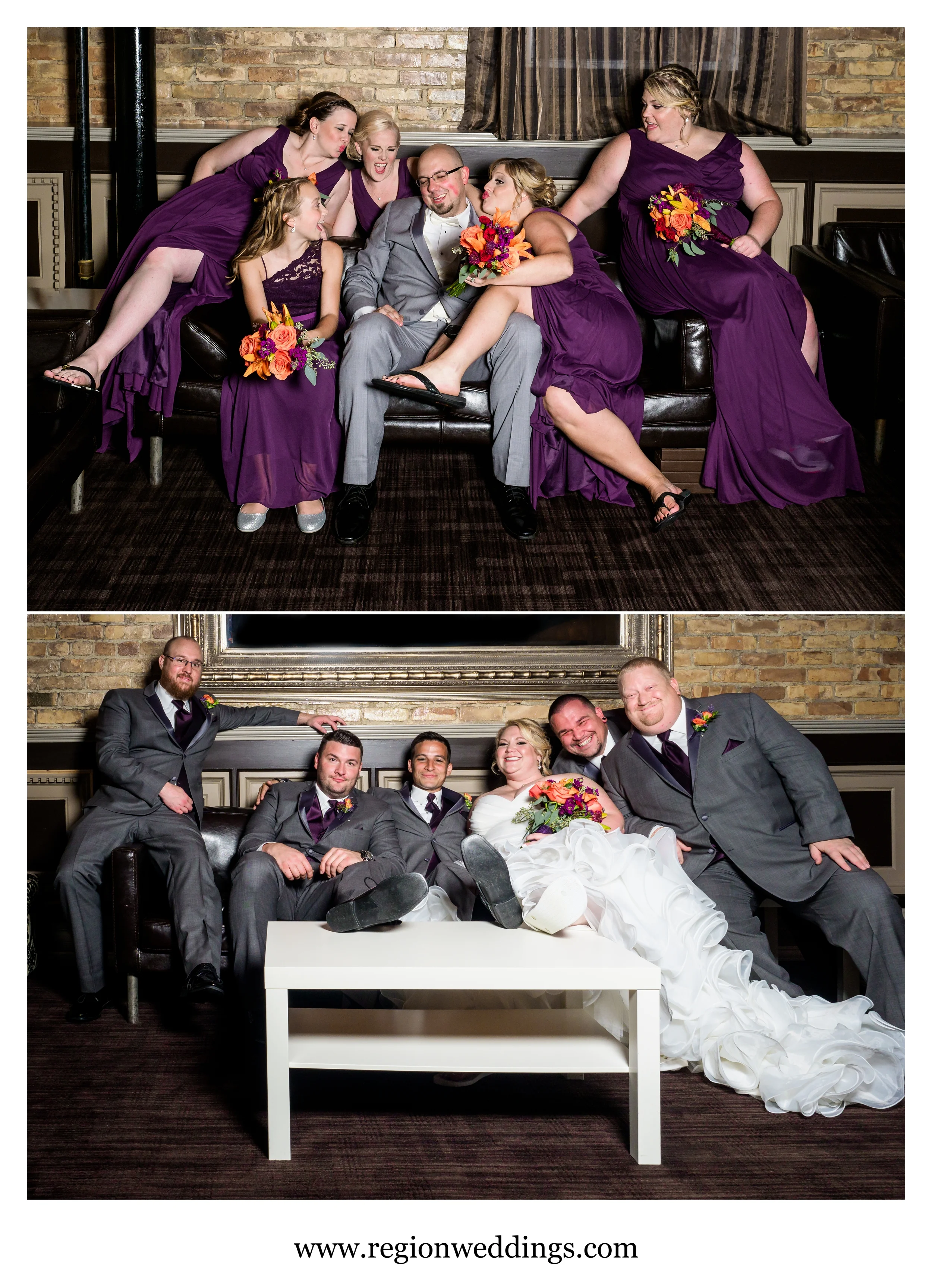 The groom and bride having fun with their wedding party.