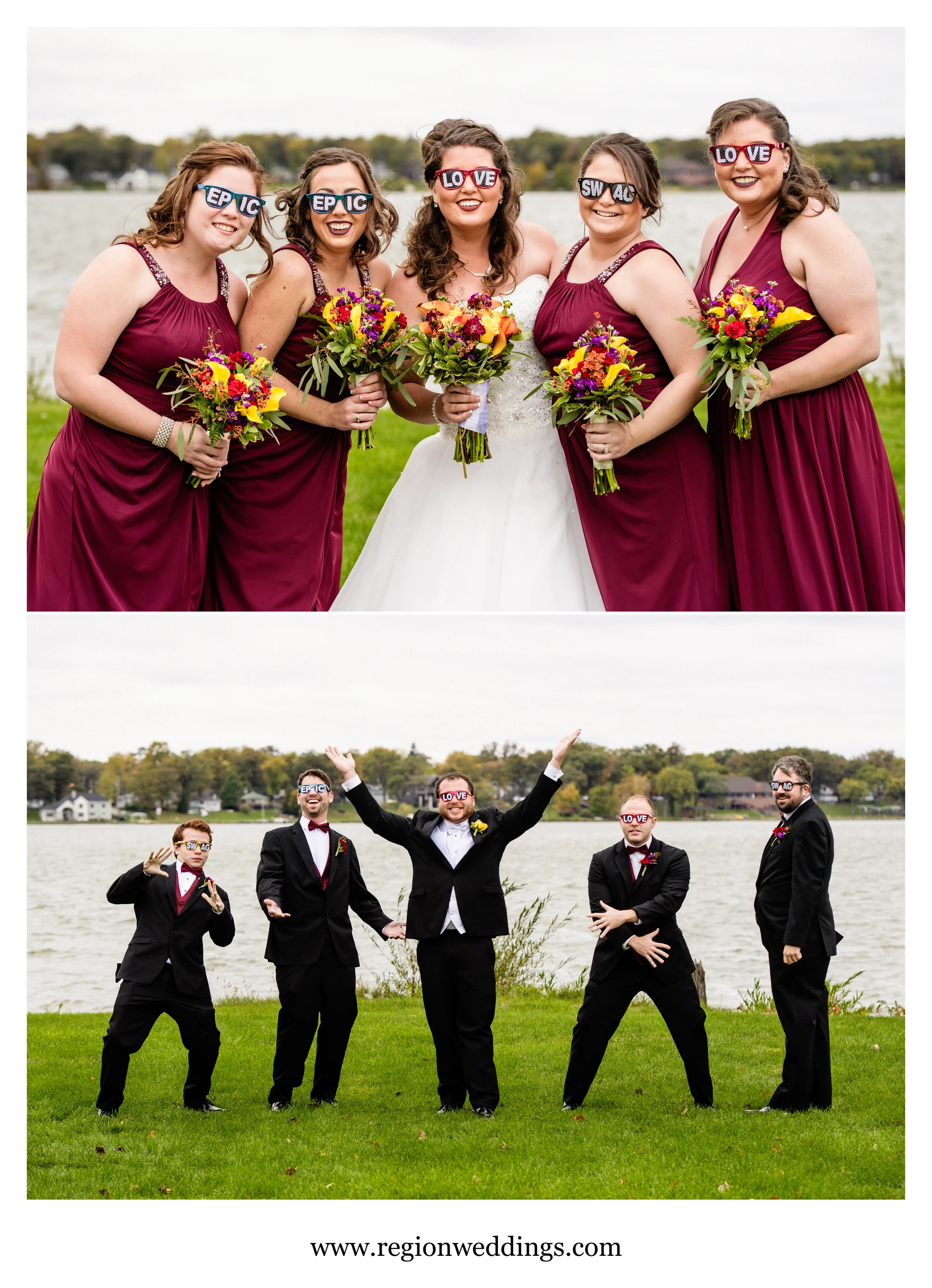 Fun wedding party photos with sunglasses.