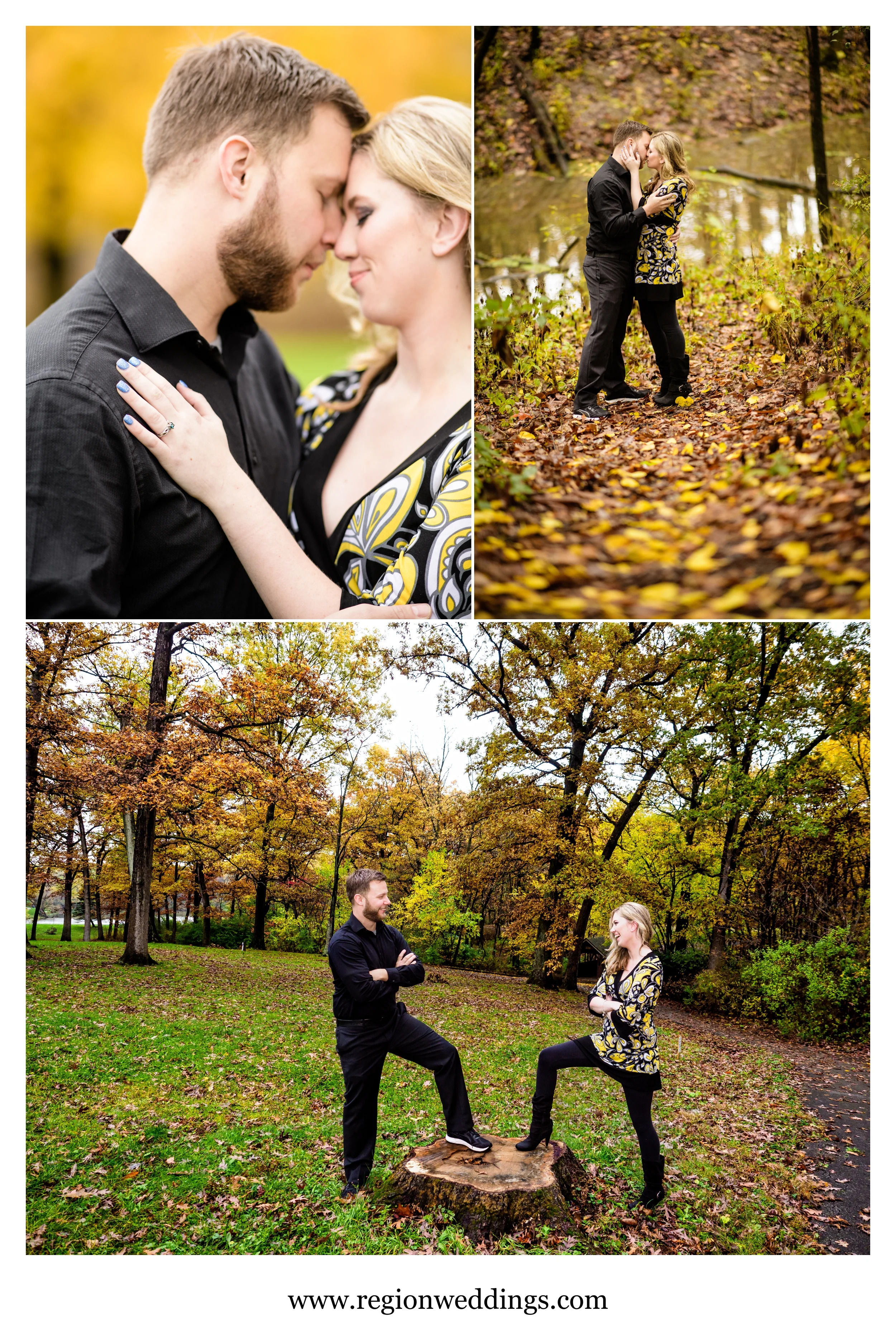 Autumn leaves are everywhere for a Fall engagement session in Crown Point, Indiana.
