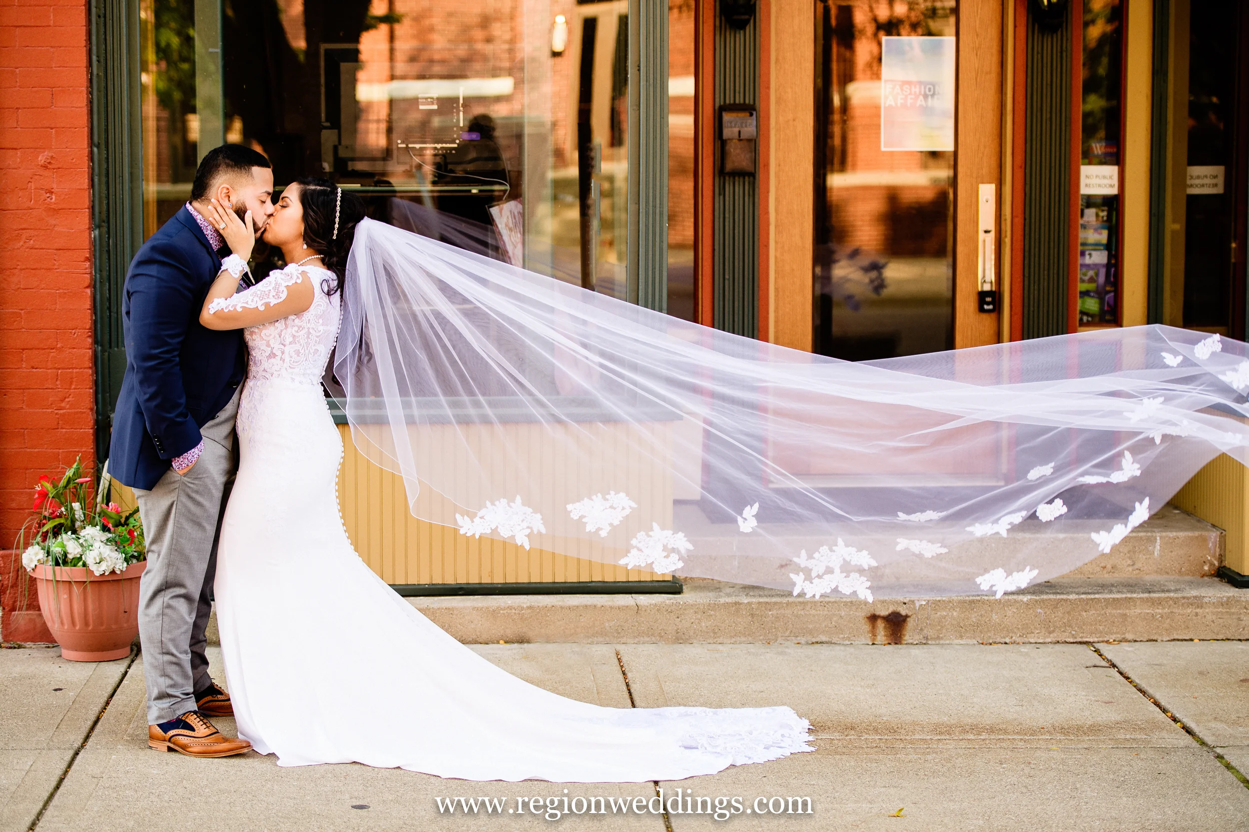 Romantic wedding photo in downtown Michigan City.