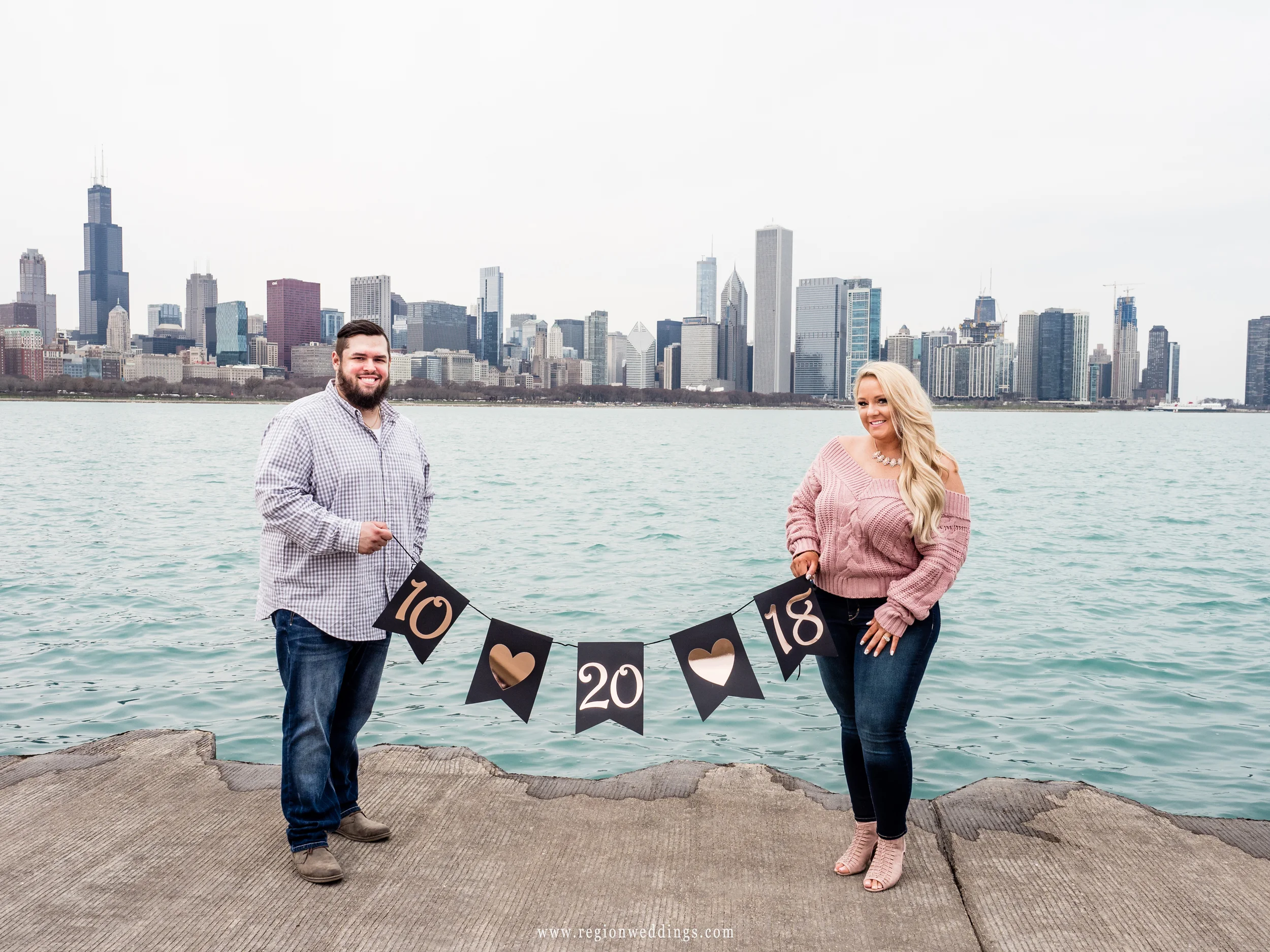 Save the date wedding banner on the Chicago lakefront.