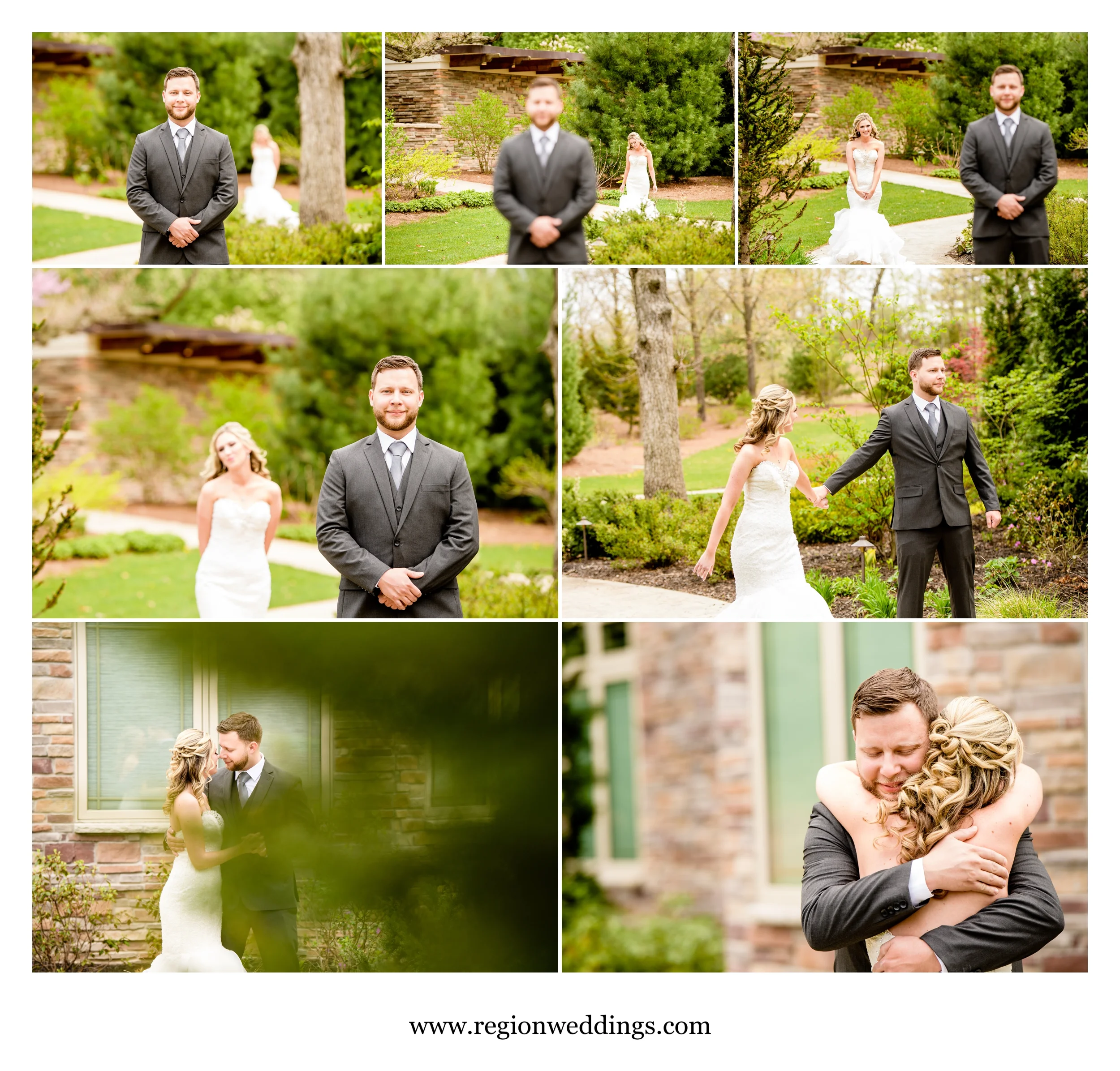 The bride and groom reveal / first look at Sandy Pines in Demotte, Indiana.