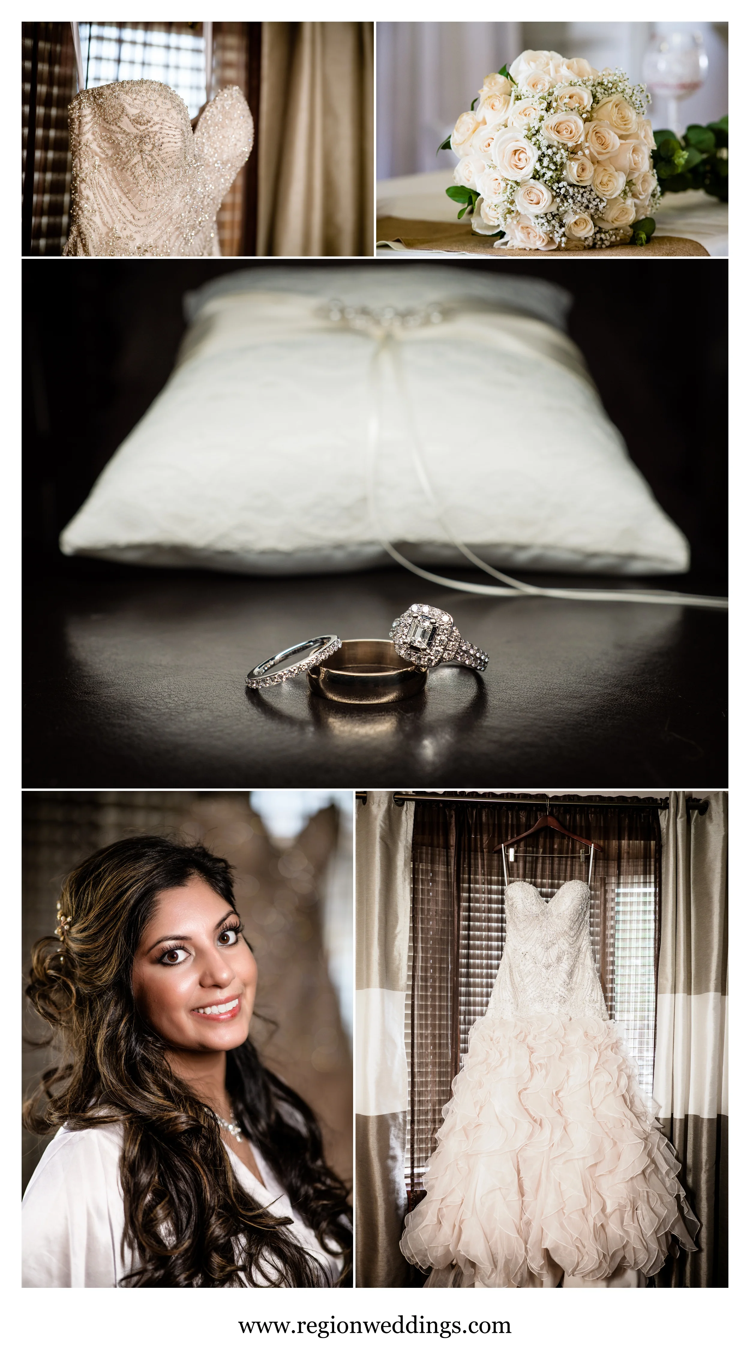 The bride with her dress and accessories.