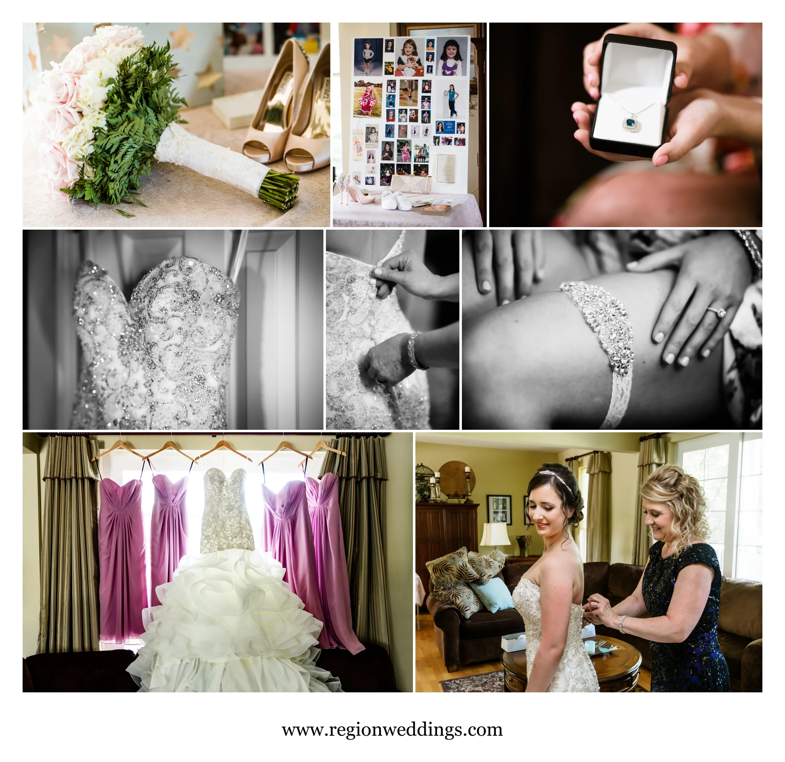 Mother of the bride assists her daughter on wedding day.