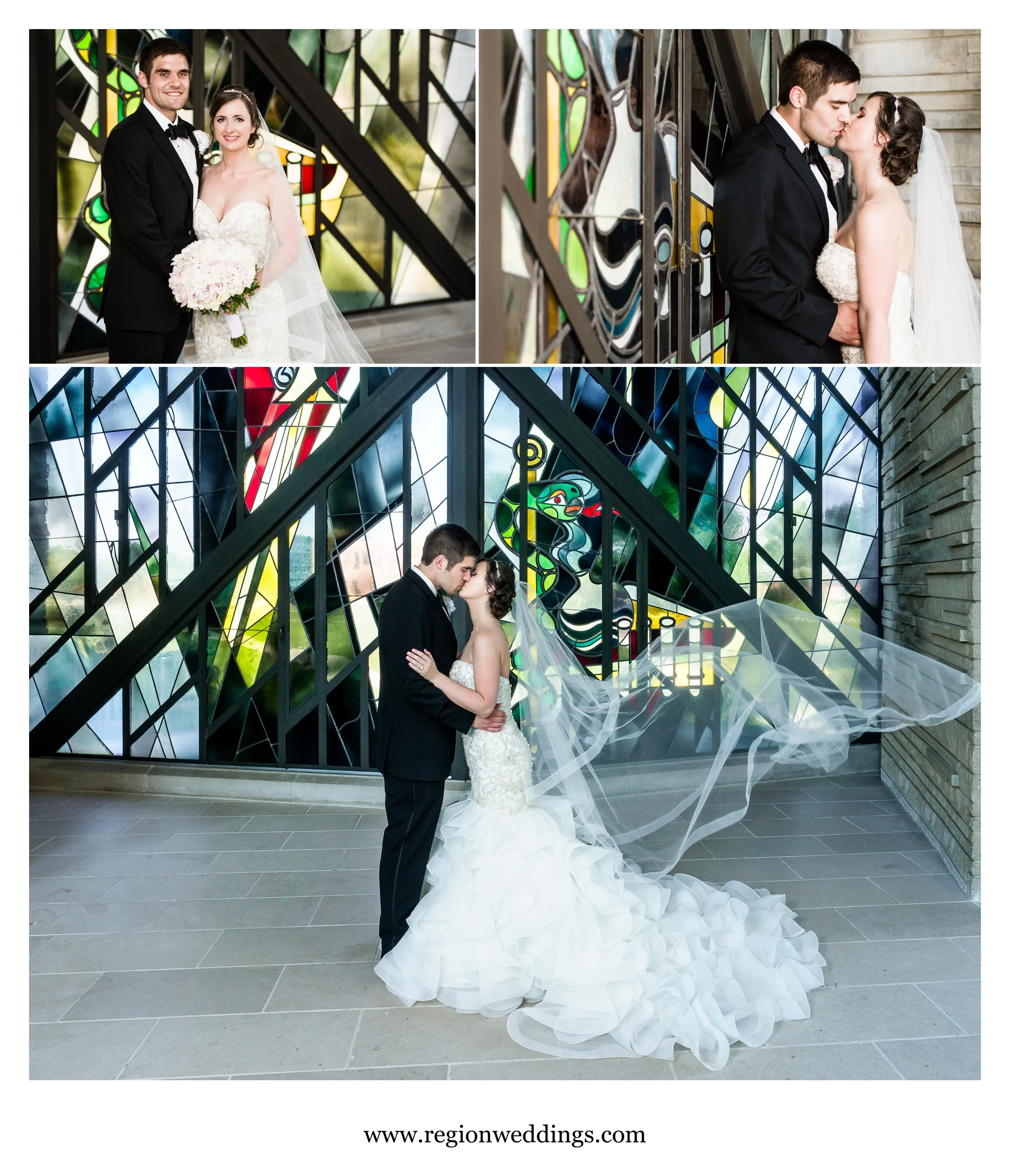 Bride and groom in front of the wonderful stained glass of Chapel of the Resurrection.