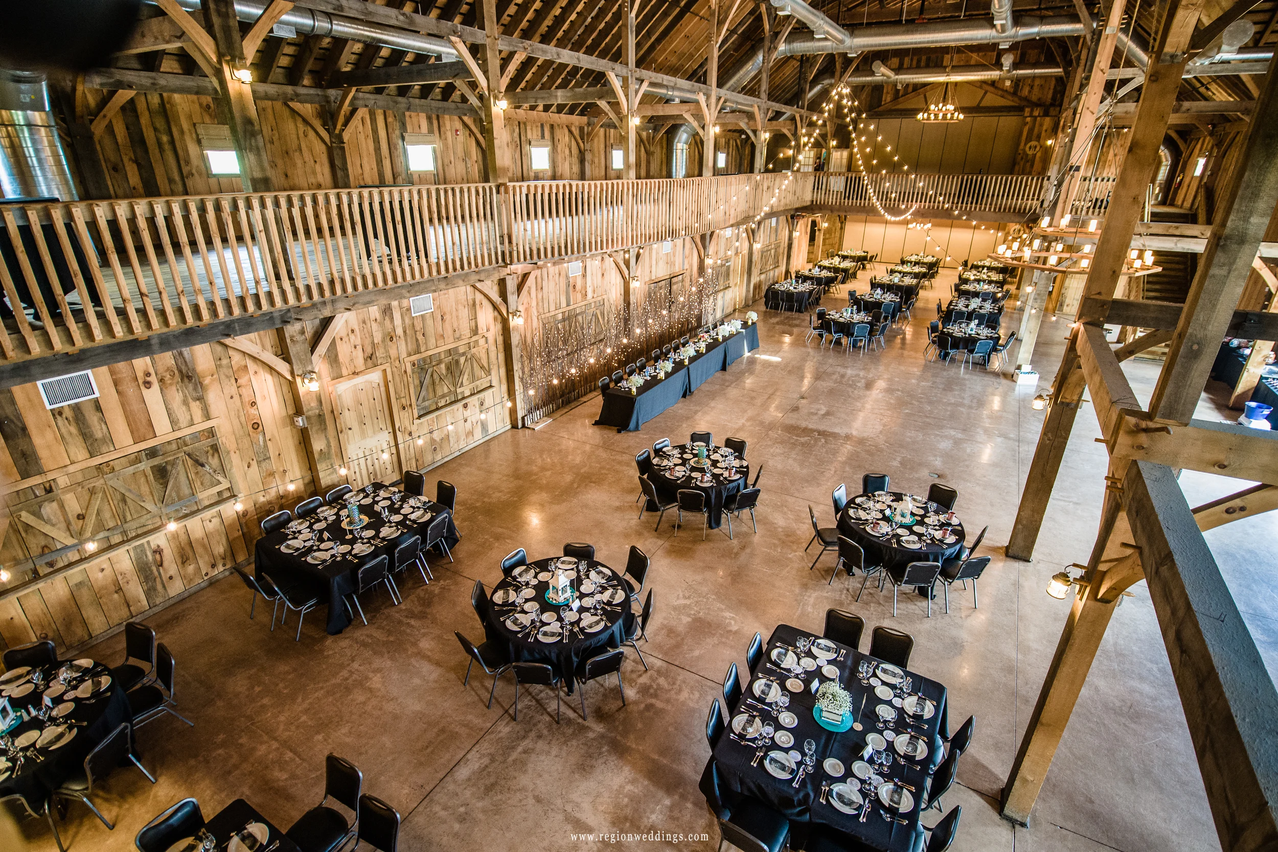 The decorated reception ballroom at County Line Orchard.