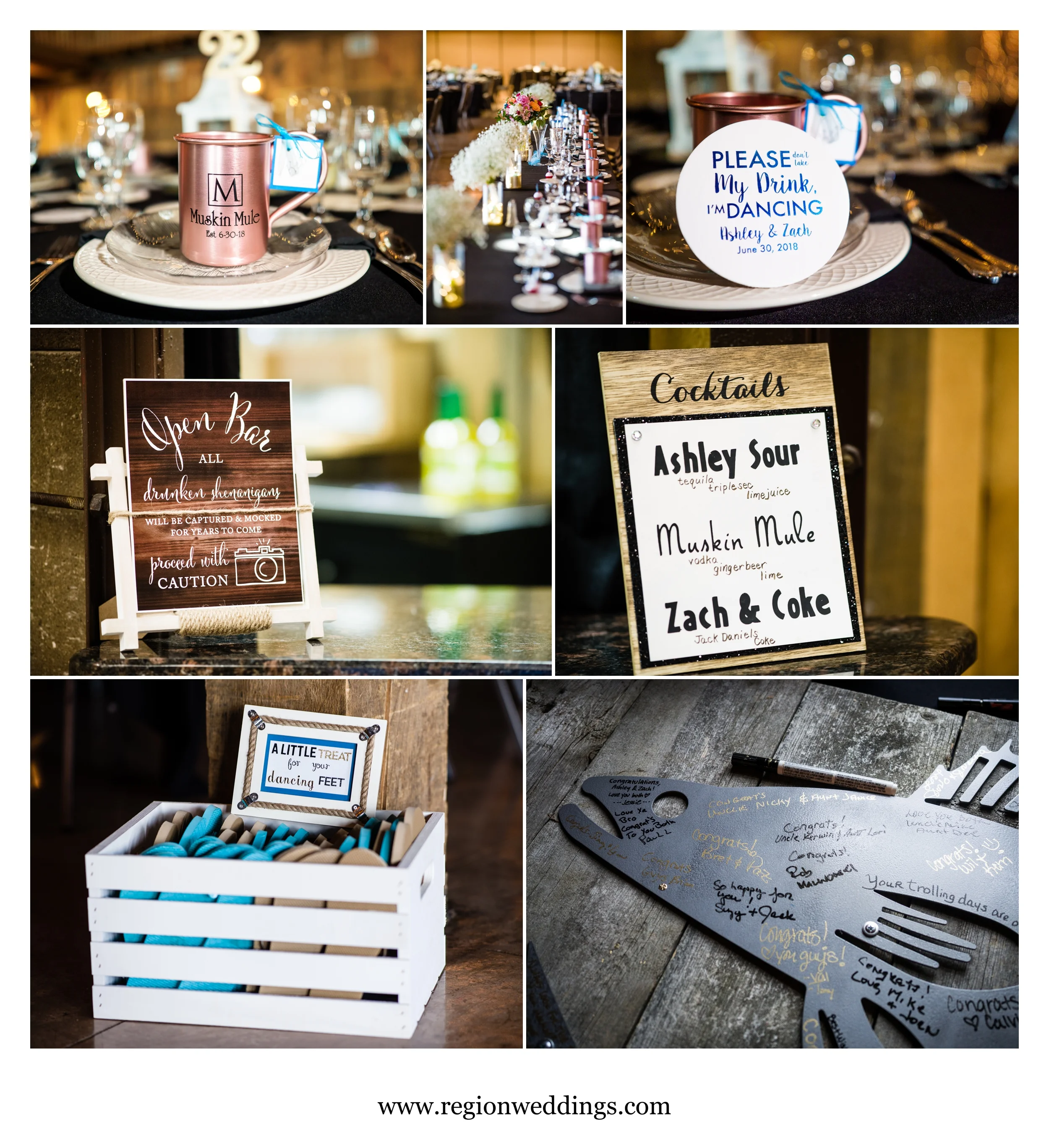 Rustic wedding decorations inside the big barn.
