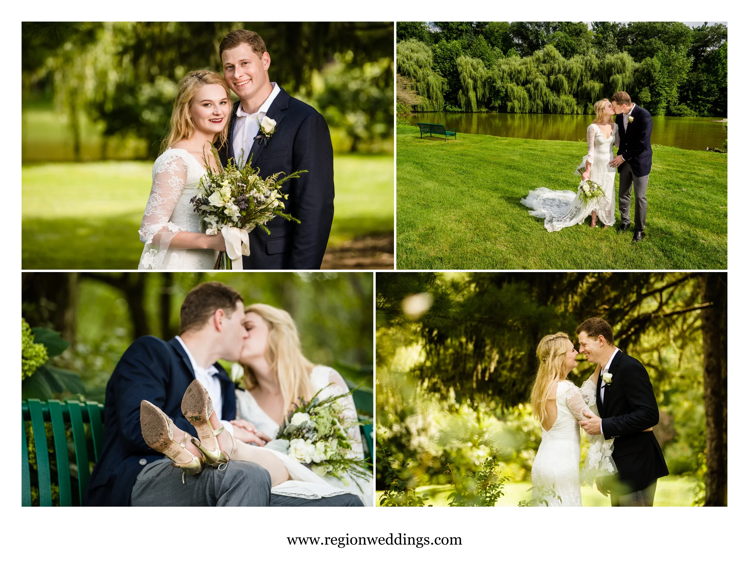 Wedding photo collage at Friendship Botanical Gardens in Michigan City, Indiana.