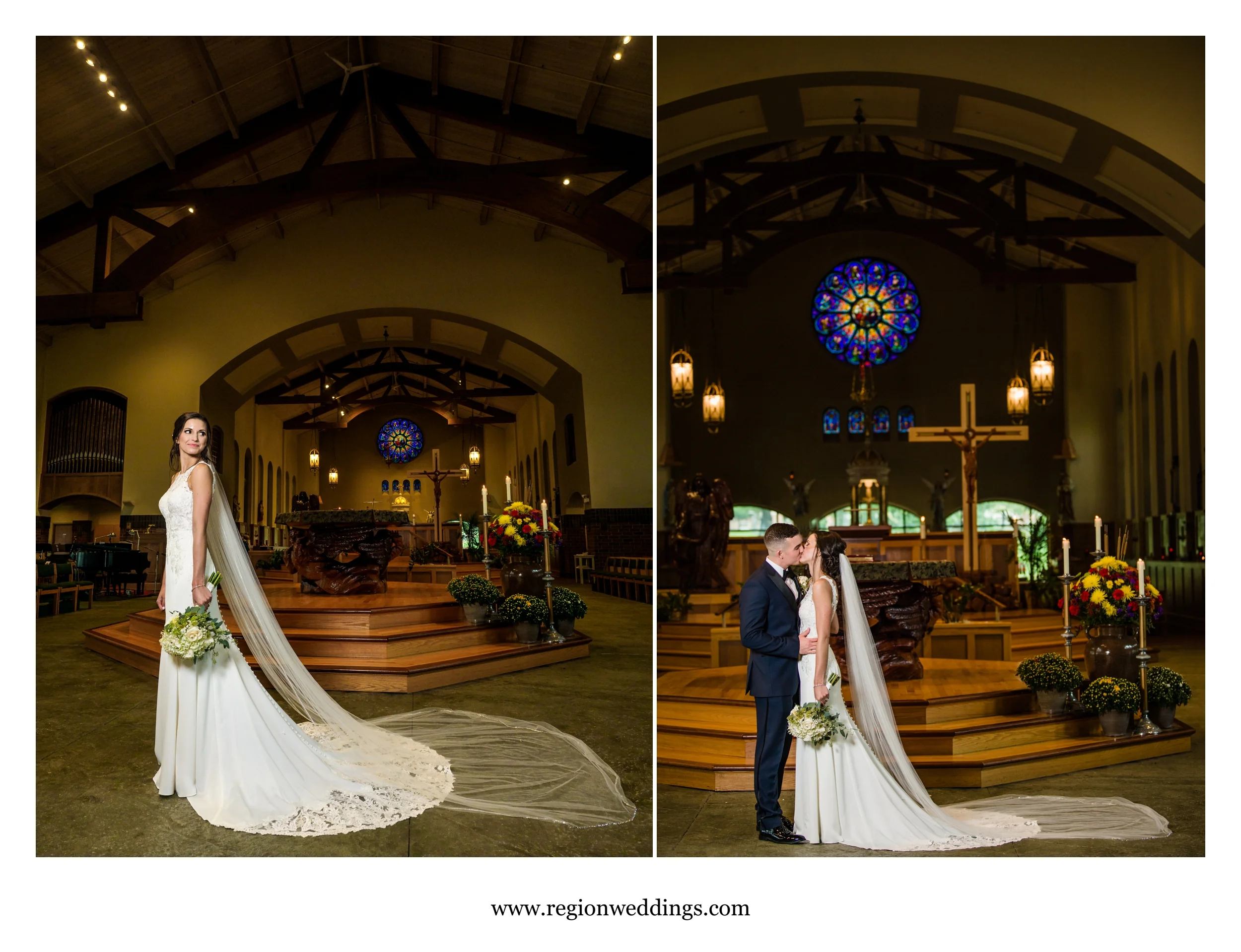 Formal photos of the bride and groom in church.