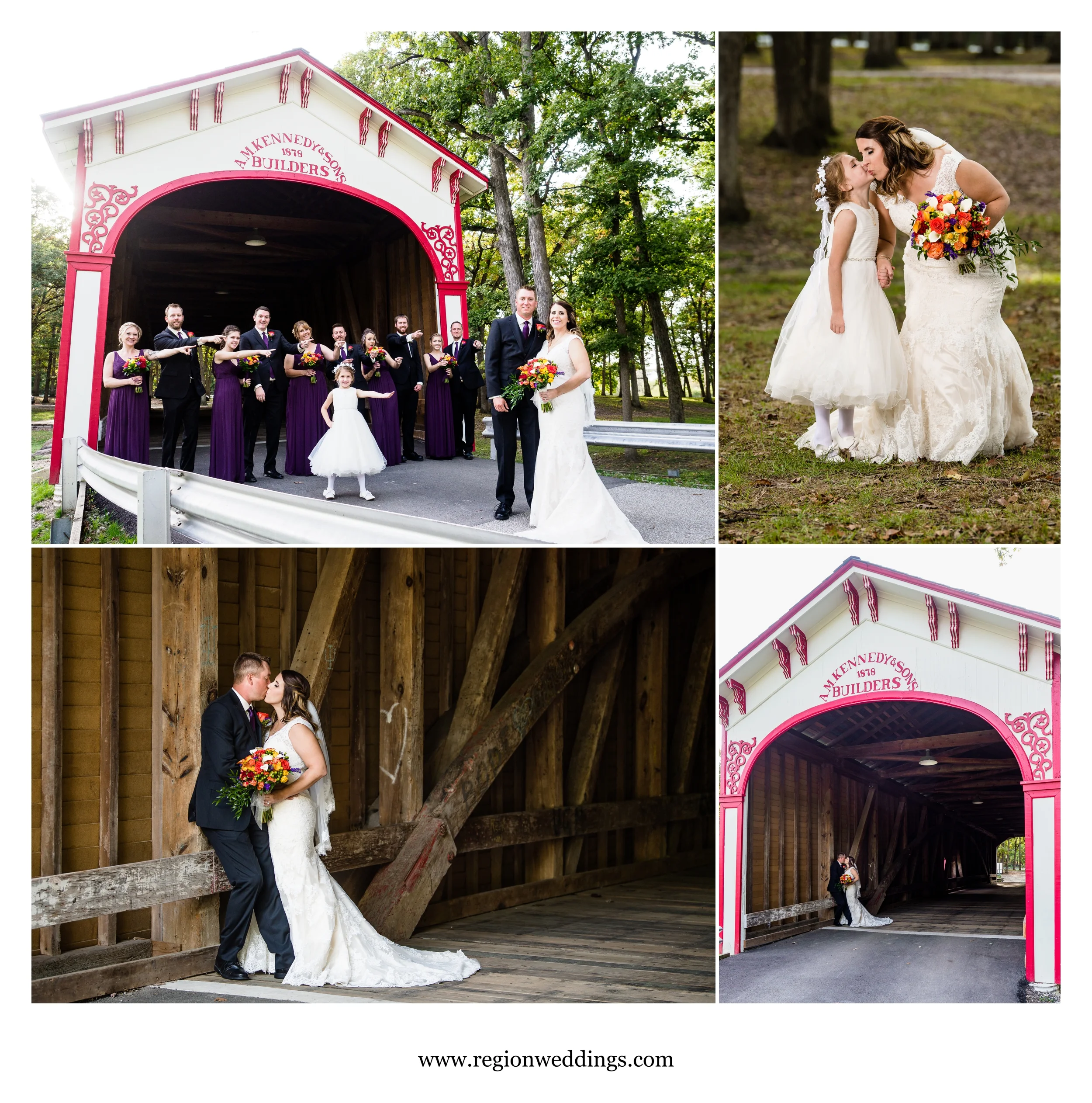 Wedding photos near the old covered bridge at Lake County Fairgrounds.