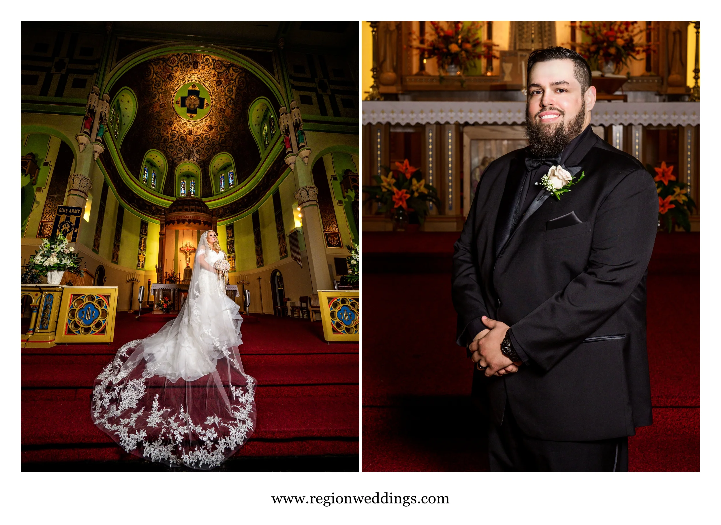 Bride and groom solo portraits on the altar at St. Stanislaus Kostka Catholic Church.