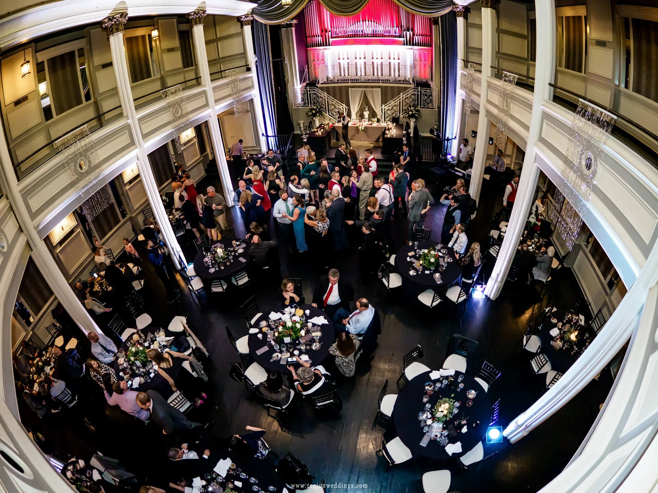 Wedding reception at the Uptown Center as viewed from the balcony.