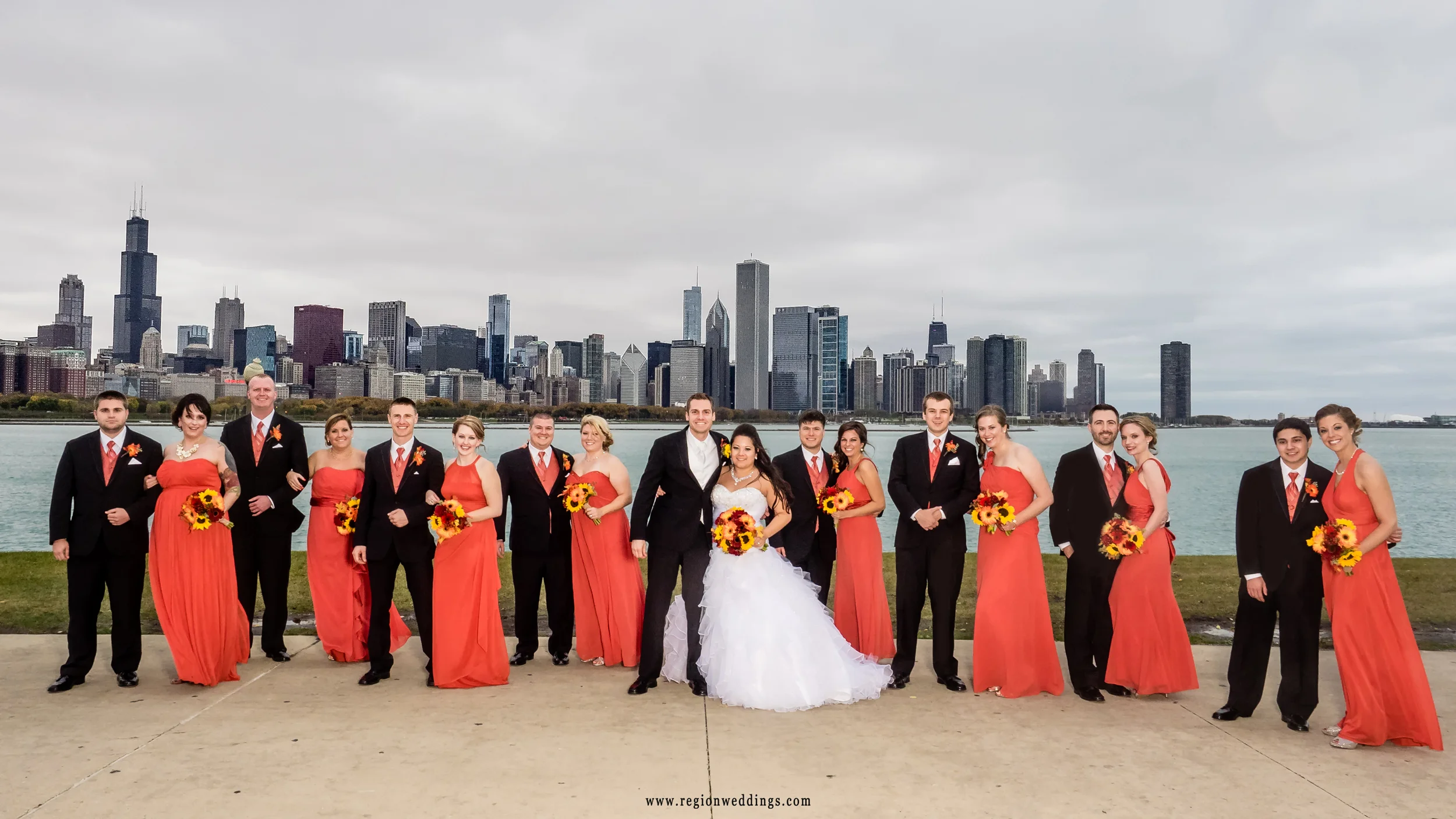 Wedding party group photo at Adler Planetarium with the skyline of Chicago as a backdrop.