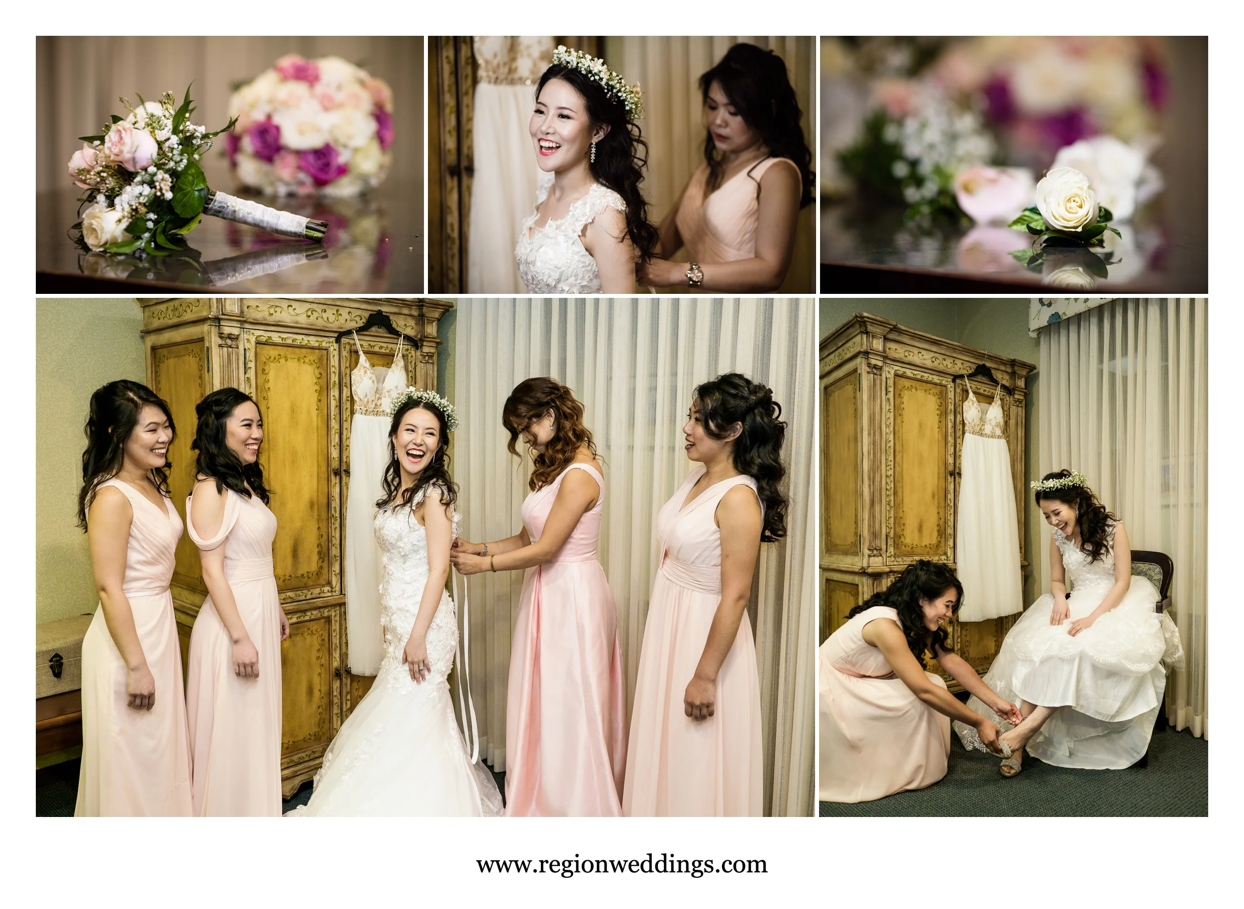 The bridesmaids assist the bride on her big day.