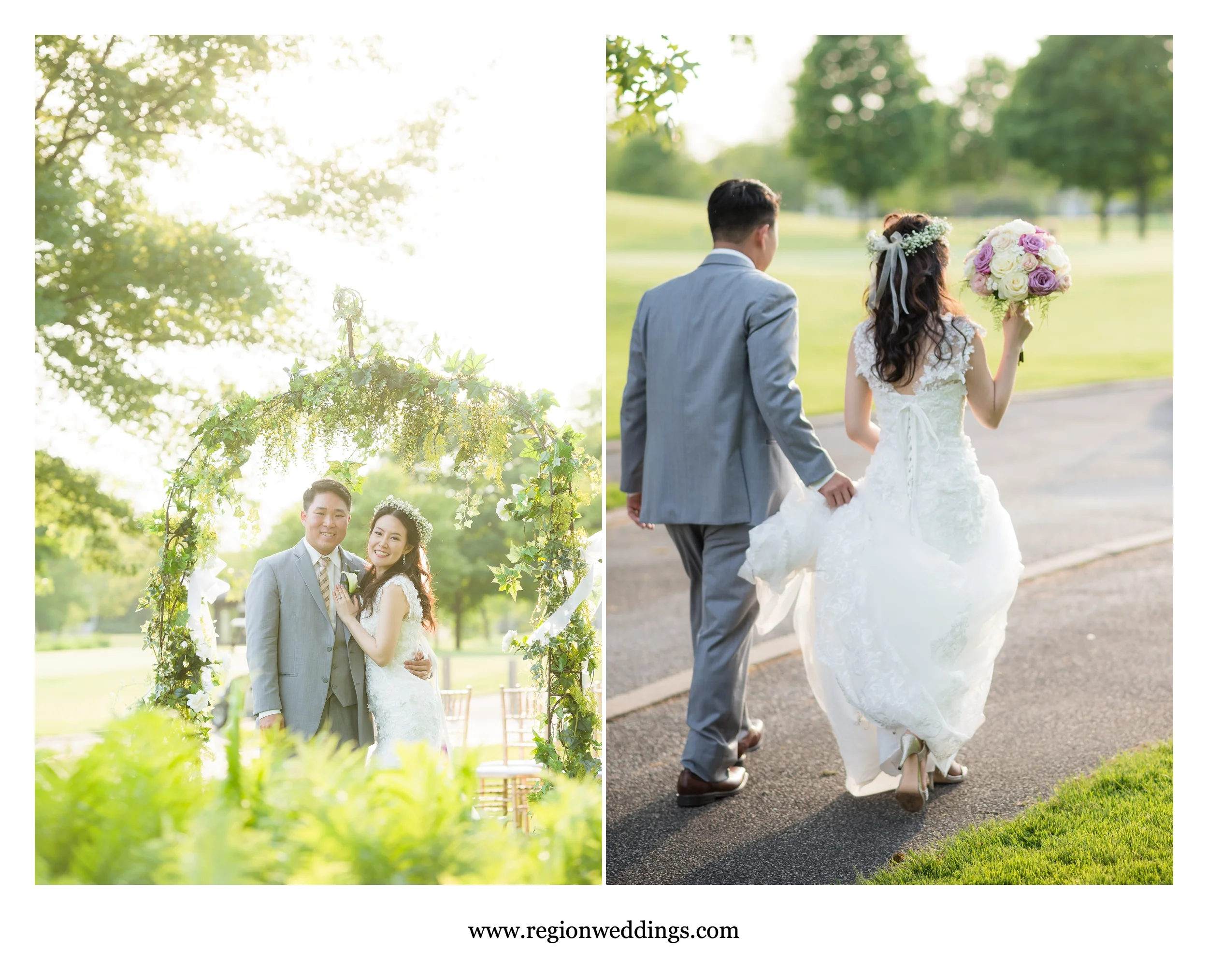 Bride and groom enjoy the summer sun.