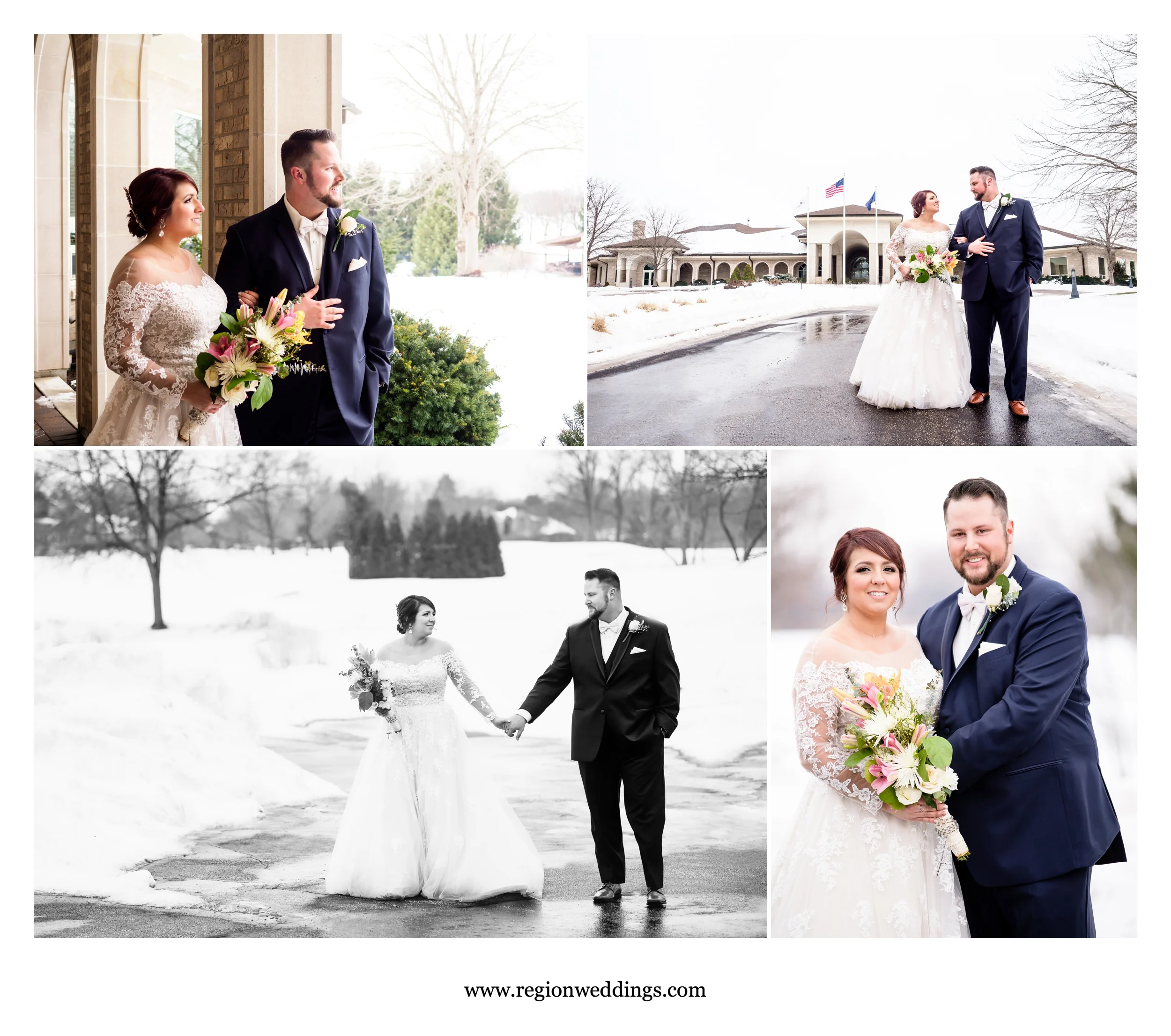 Winter wedding photos at Sand Creek Golf Course in Chesterton, Indiana.