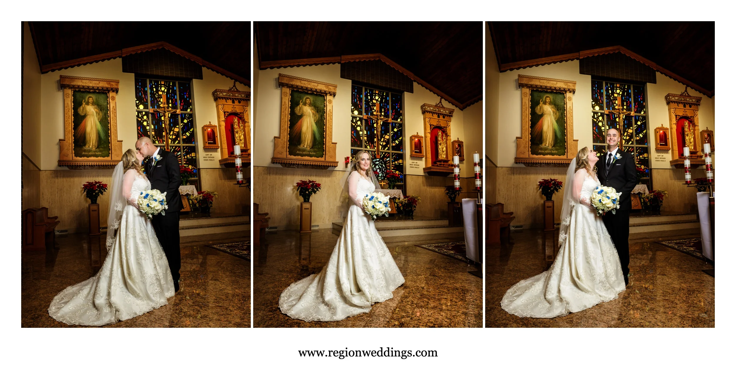 Bride and groom on the altar of Carmelite Fathers.