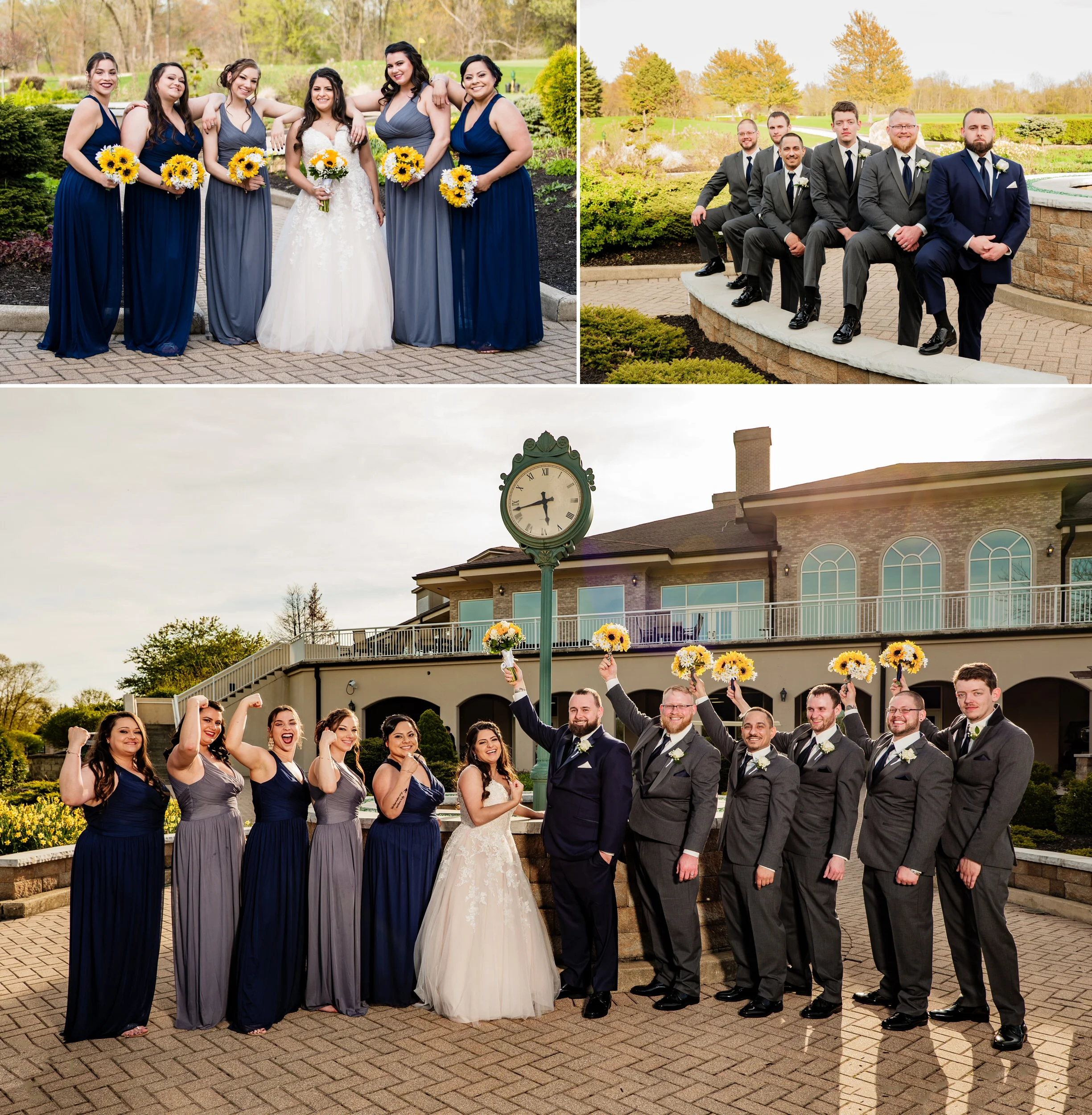 Wedding party group photos in the clock garden at Sand Creek Country Club.