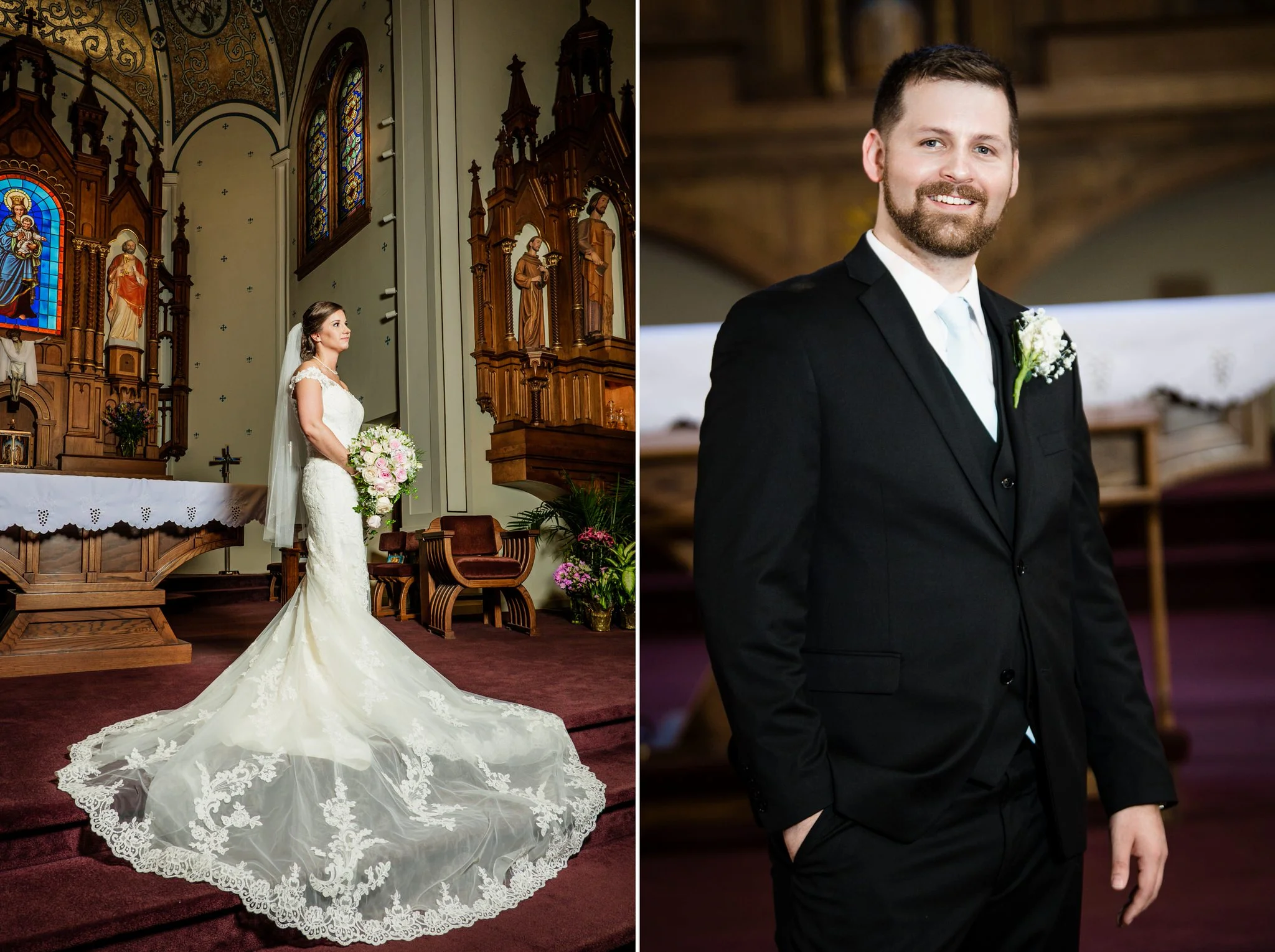 Bride and groom solo portraits at the altar of Saint Mary Catholic Church in Crown Point, Indiana.