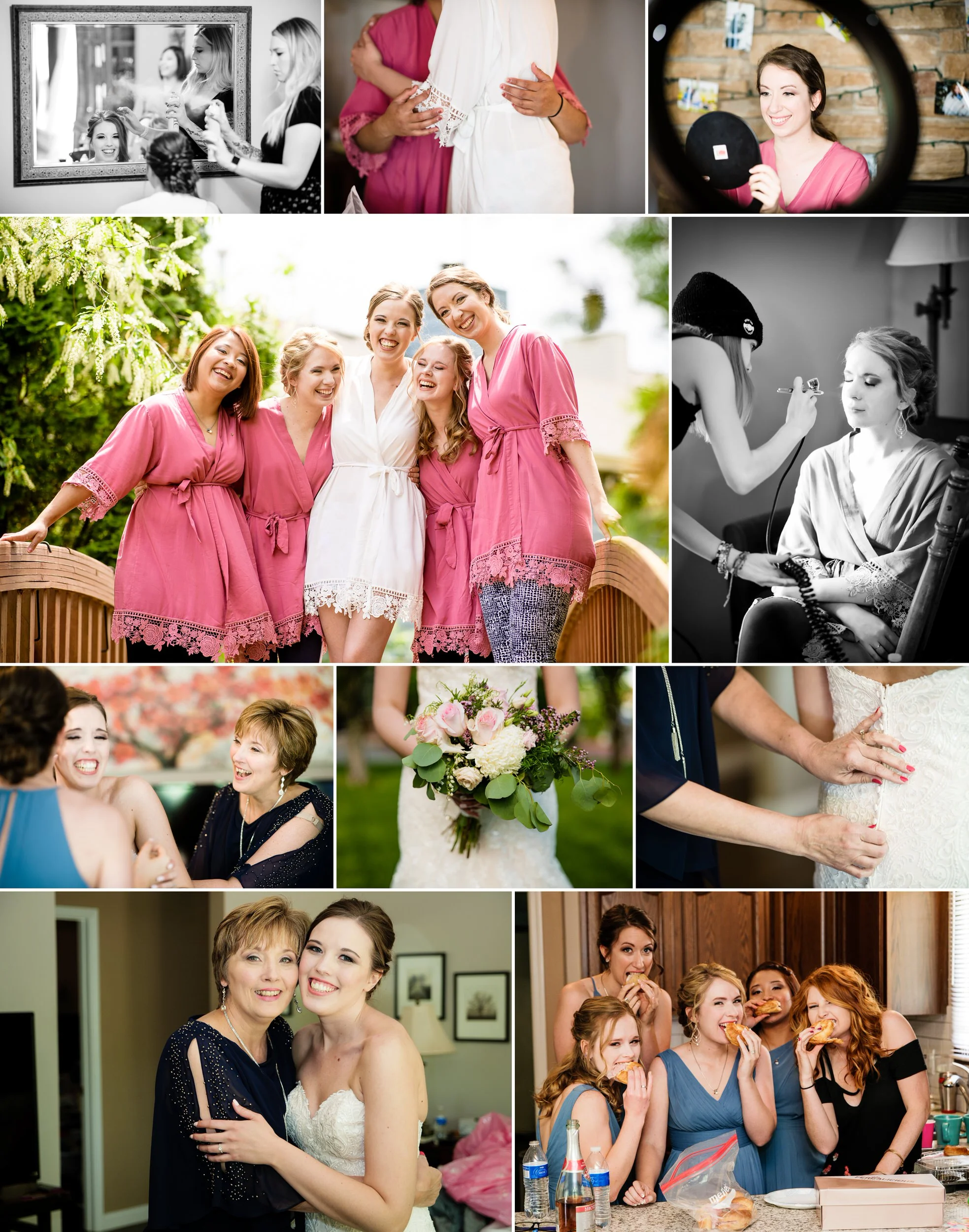 The bride and her bridesmaids having fun while getting ready.