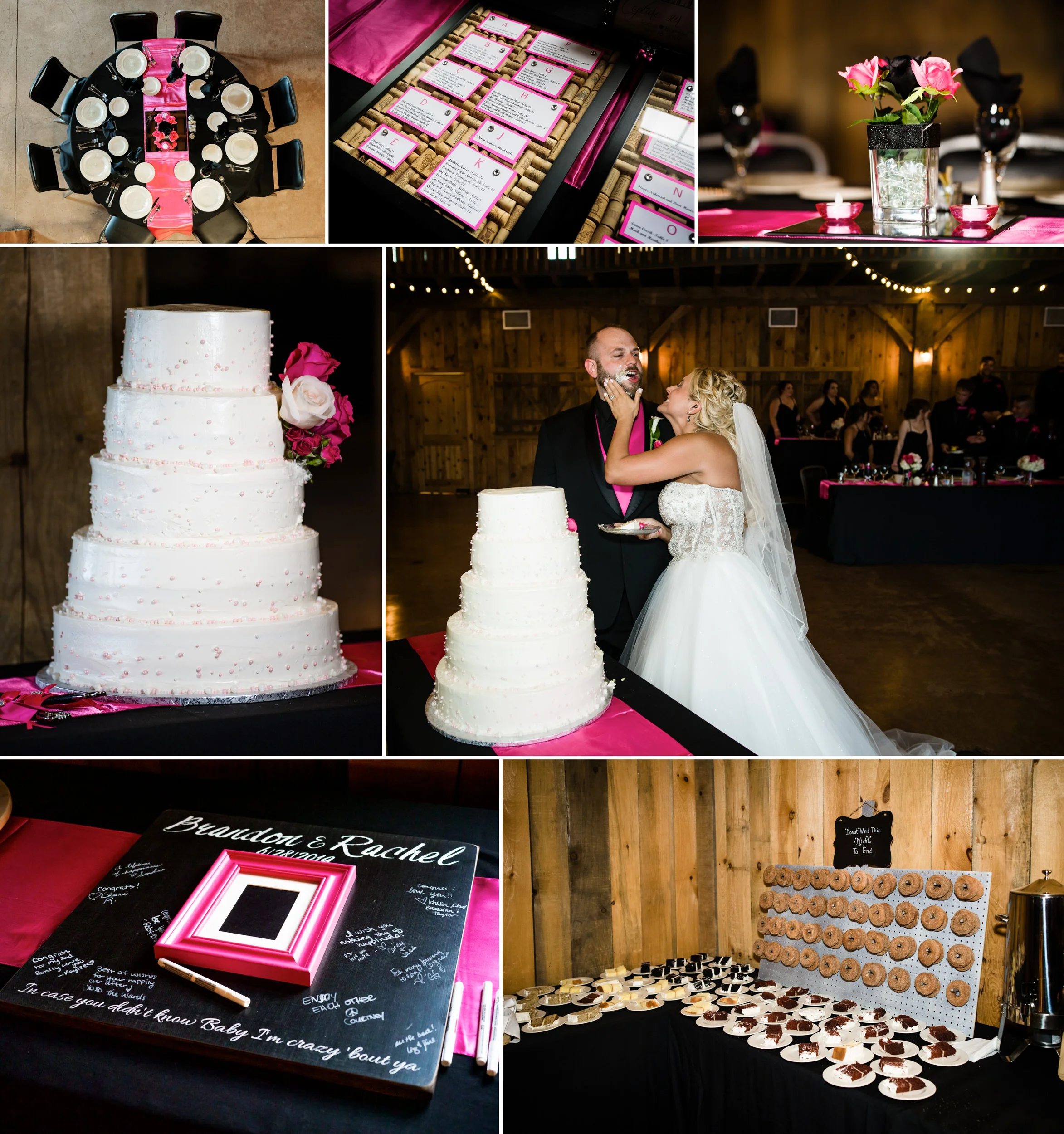 Wedding decorations at in pink and black.