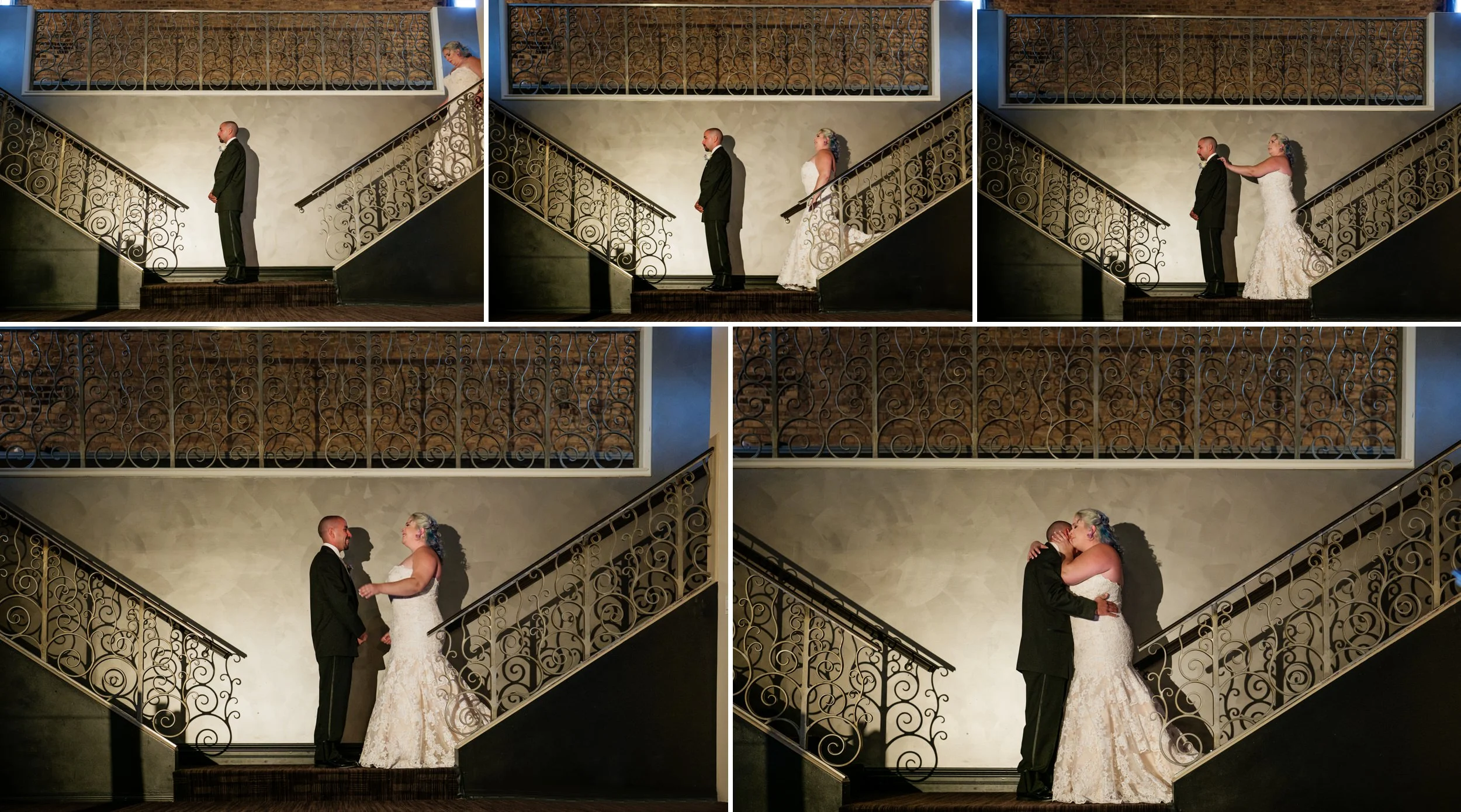 First look for the bride and groom at the stairs of the balcony at The Allure.