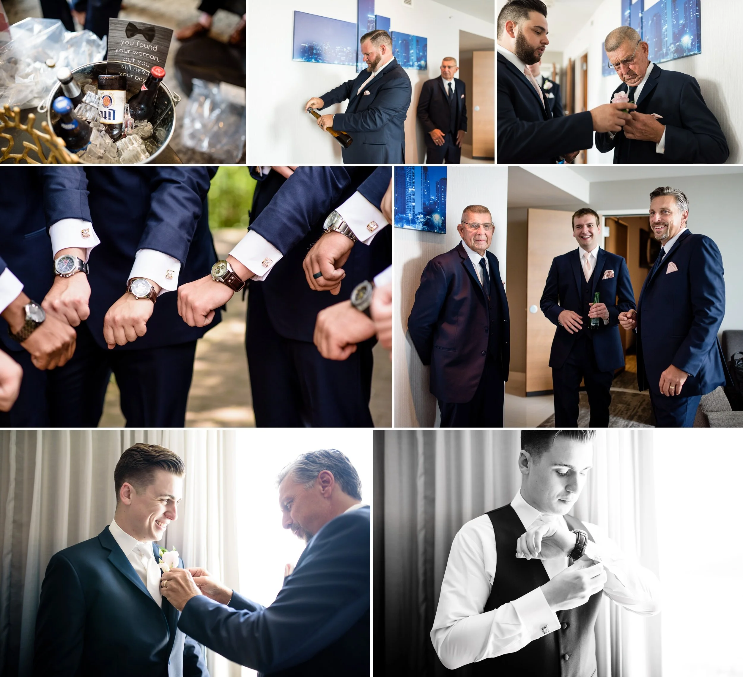 Groomsmen prep at Renaissance Hotel in Schaumburg.