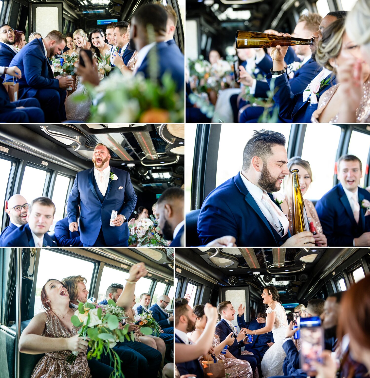 The wedding party celebrates on the party bus.