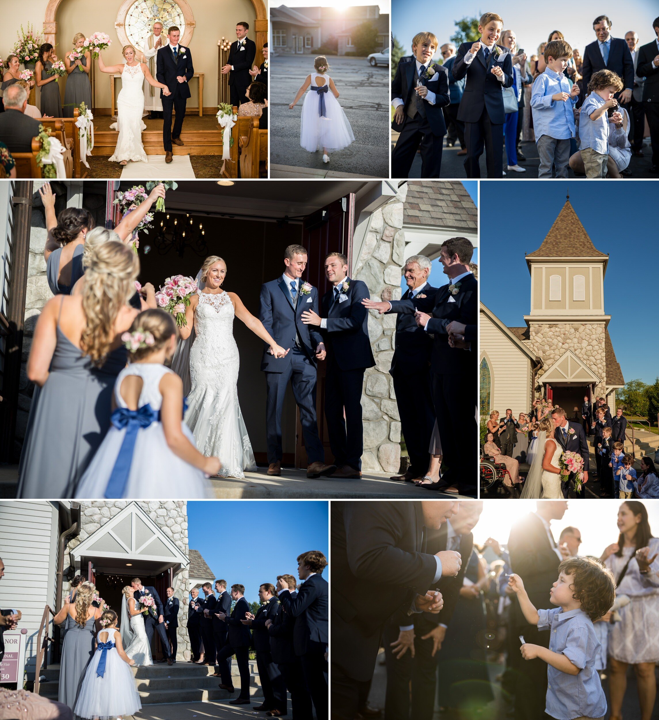 The bride and groom exit the chapel greeted by bubbles.