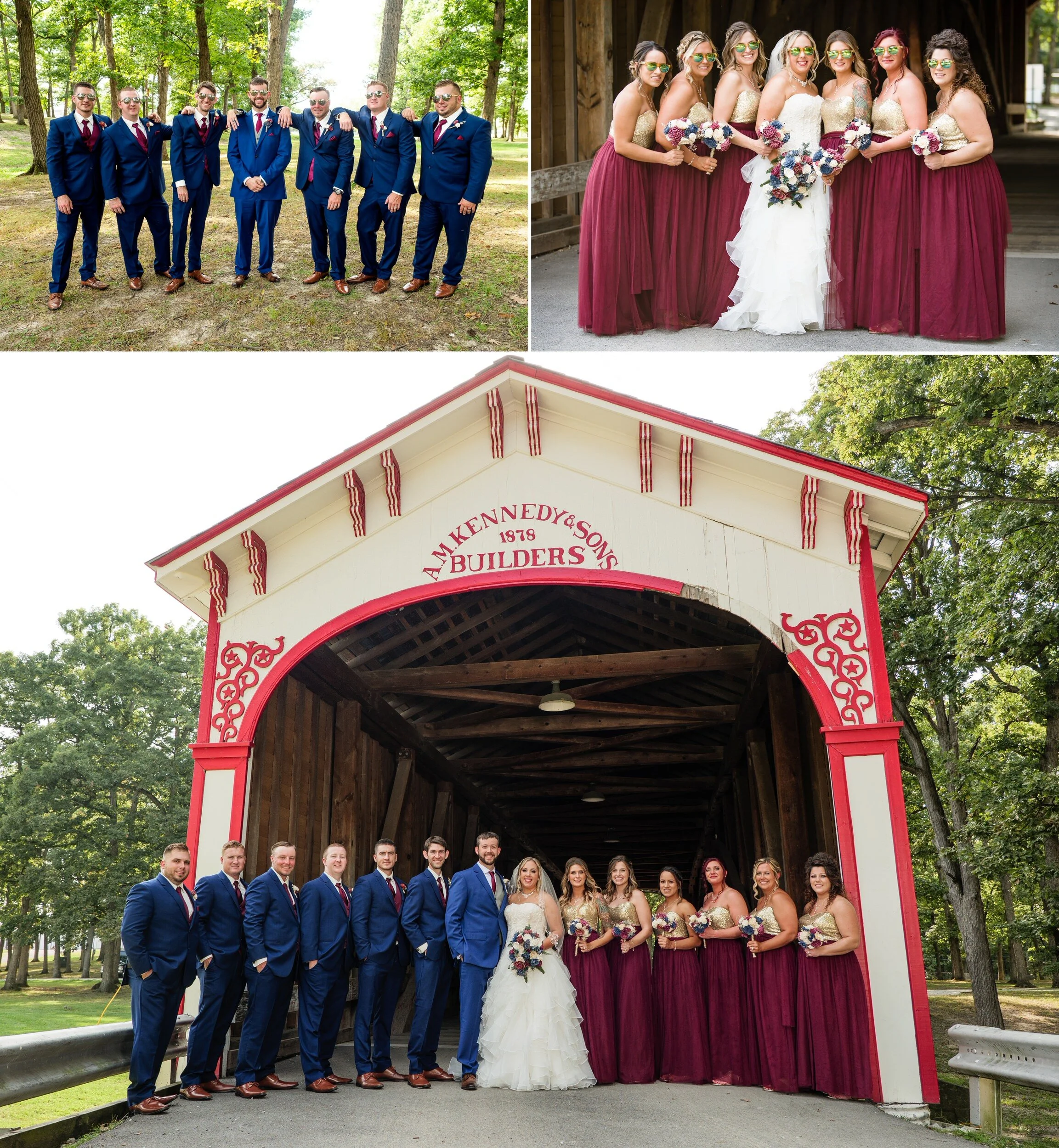 Wedding party group photos at the old covered bridge at Lake County Fairgrounds.