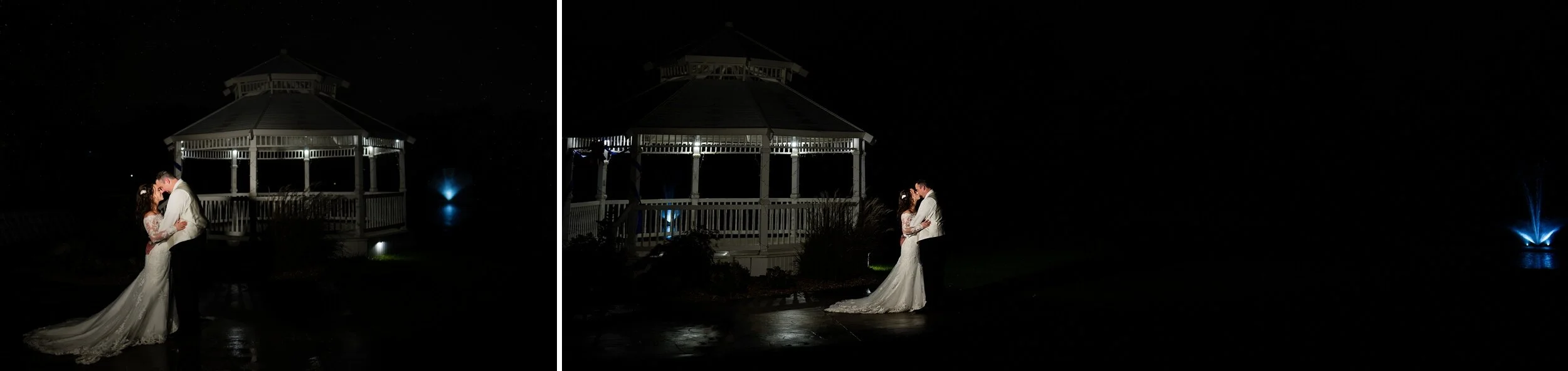 Slow dance outside at night for the bride and groom with a lit up fountain and gazebo.