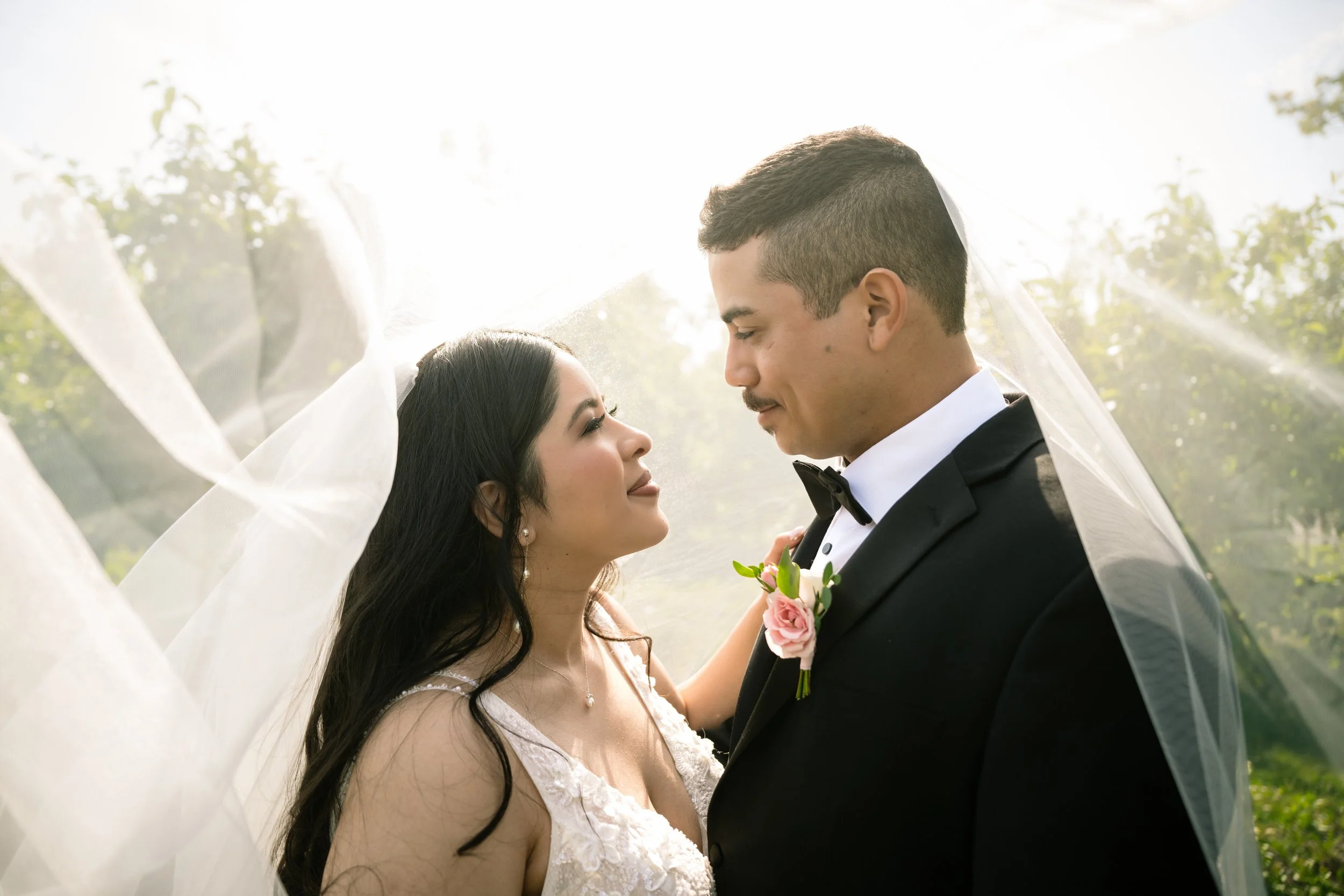 A bride and groom stand closely together outdoors, gazing at each other under a sheer veil with sunlight shining behind them—captured beautifully by a Northwest Indiana and Chicago wedding photographer.