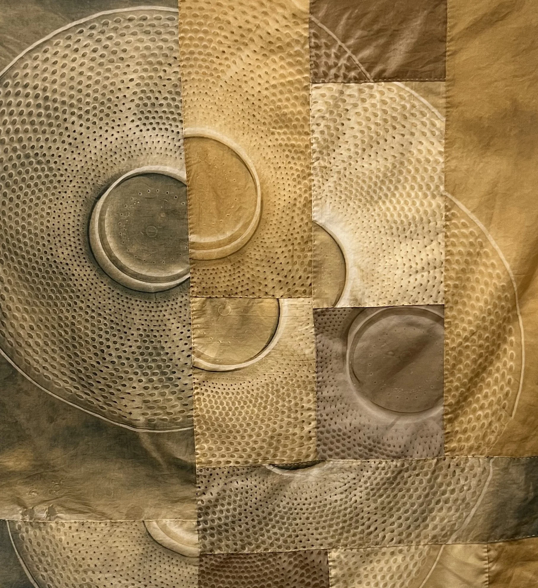    Nautilus,  2025, Bleached and coffee -dyed cyanotypes on repurposed cotton, approxim ately 39” H  x 40” W&nbsp; 