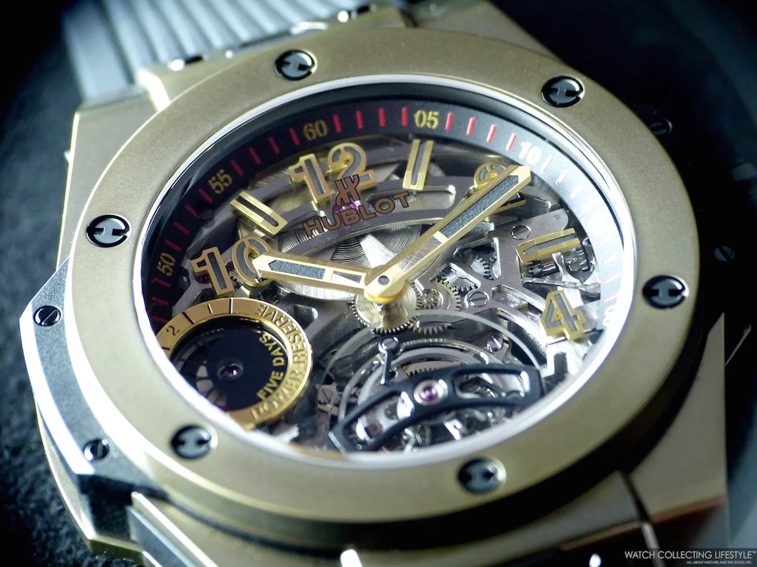 Baselworld 2015: Introducing the Hublot Big Bang Tourbillon 5-day Power Reserve Indicator Full Magic Gold. Live Pictures and Pricing.