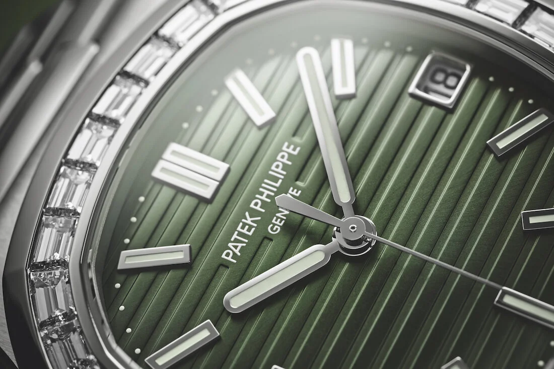 W&amp;W 2021: Patek Philippe Nautilus Baguette Set Stainless Steel and Olive Green Dial ref. 5711/1300A-001. First Time Patek Pairs Diamonds with Steel.