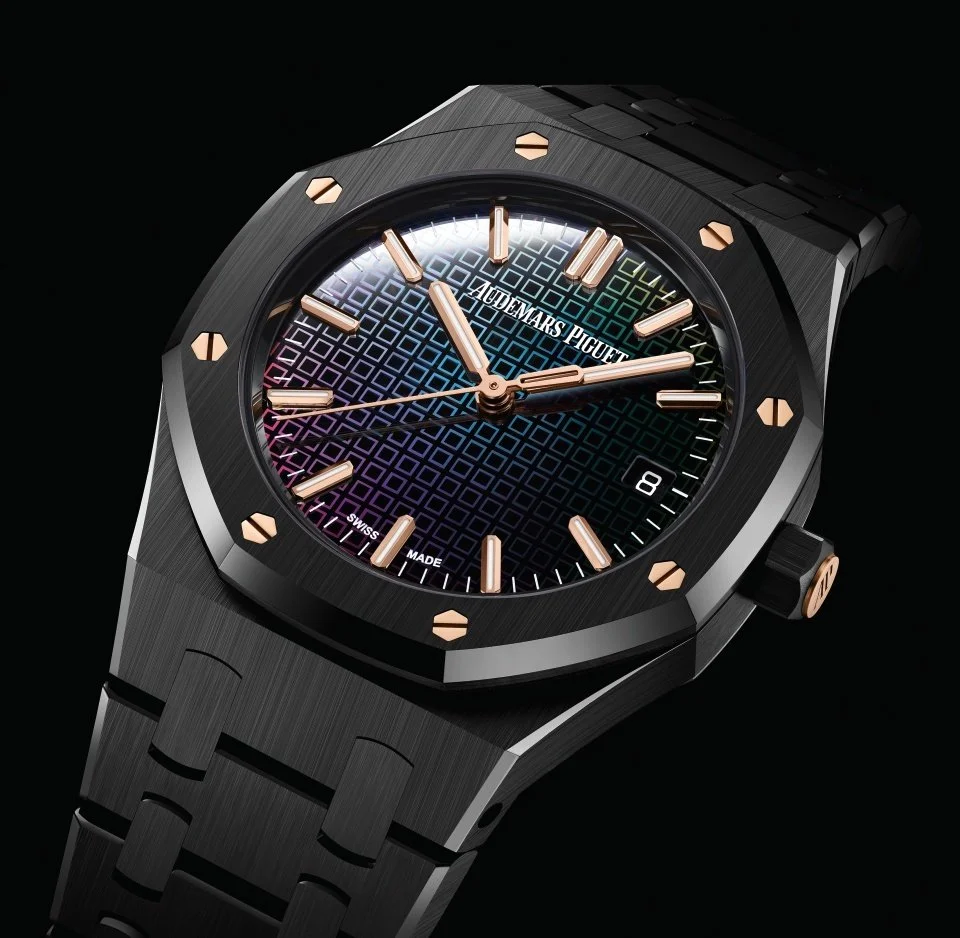 Introducing: Audemars Piguet Royal Oak Carolina Bucci Limited Edition. Black Ceramic Case with Rainbow Dial.