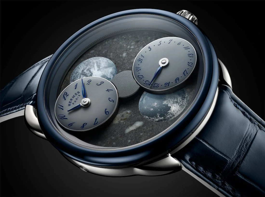 Introducing: Hermès Arceau L’Heure de la Lune Meteorite. Three Versions with Lunar Rock, Vesta and Erg Chech Meteorite Dials.