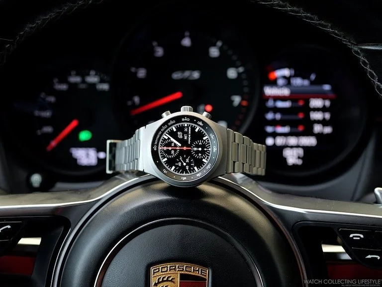 The uncoated titanium finish on the new @porschedesign Chronograph 1 &lsquo;1975 Limited Edition&rsquo; pays direct homage to the pivotal 1975 refinement of F.A. Porsche&rsquo;s original design from 1972&mdash;the world&rsquo;s first all-black chrono