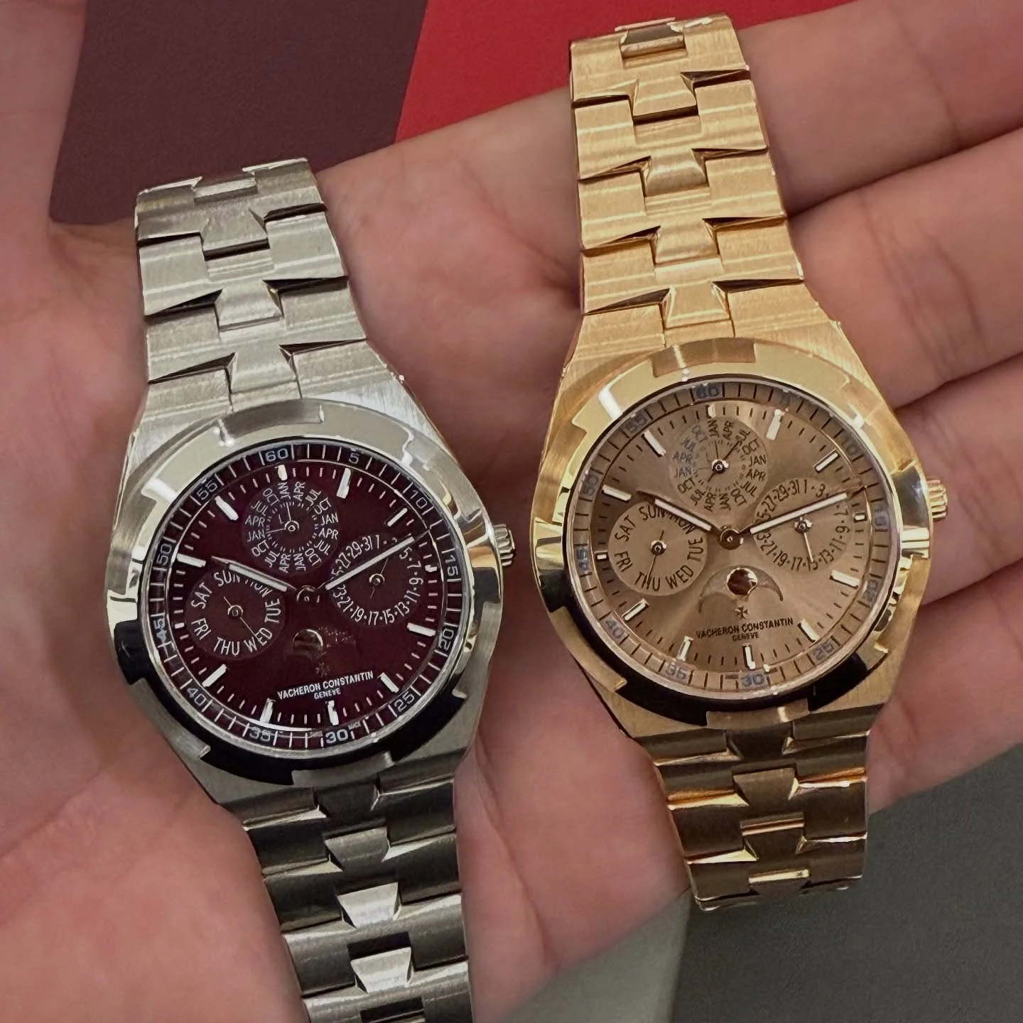 The new @vacheronconstantin Overseas Perpetual Calendar Ultra-Thin in the metal.The 18K 5N pink gold iteration with its matching 18K 5N pink gold golden-toned translucent lacquer dial, and the 18K white gold variant with its rich burgundy lacquer dia
