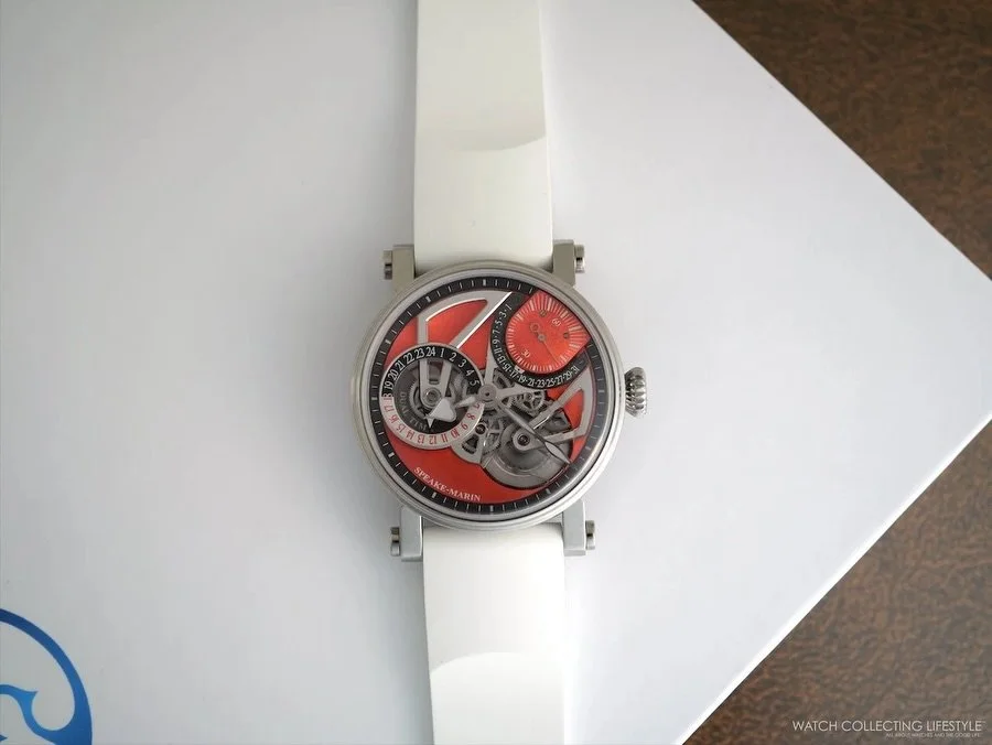 The @speakemarin Dual Time Terracotta represents a bold departure for the independent Geneva-based manufacture within the Piccadilly collection. With its striking terracotta orange accents contrasting against micro-blasted rhodium bridges and  openwo