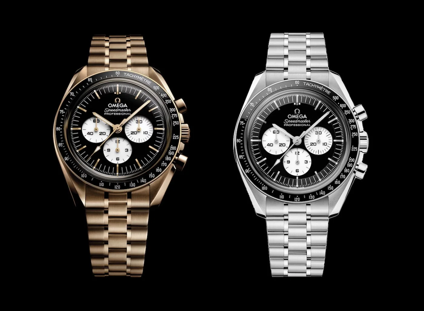 Introducing: Omega Speedmaster Moonwatch Professional 42 mm. Steel and Moonshine Gold Expressions in a Reverse Panda.
