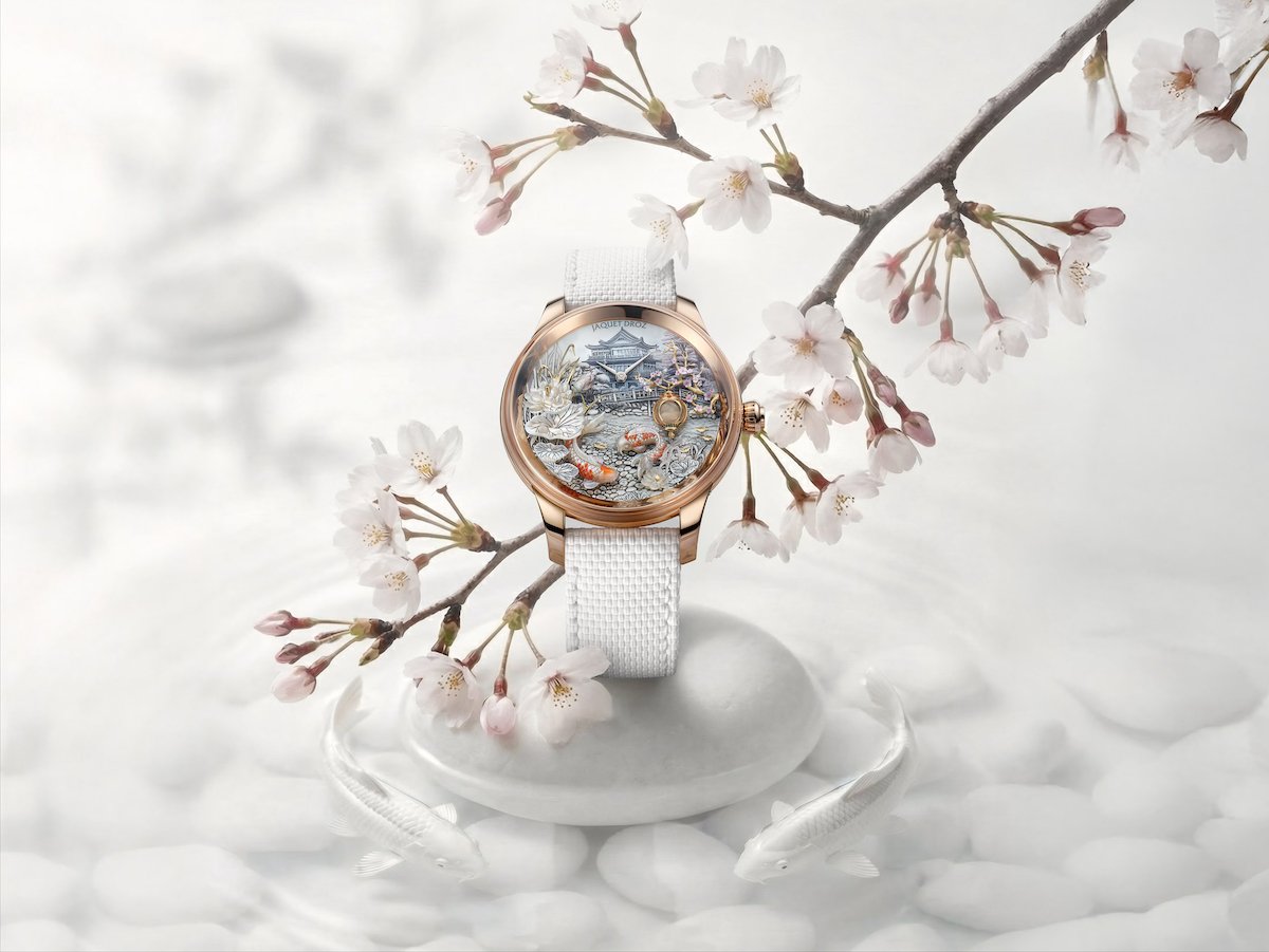 Introducing: Jaquet Droz Petite Heure Minute Red Gold Japanese Garden Unique Piece with Hand-Carved Mother-of-Pearl
