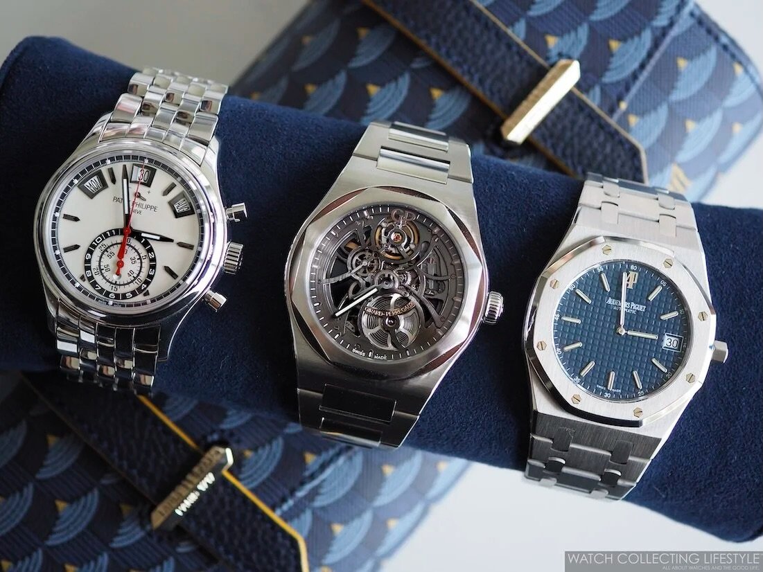 Perfect trio. @patekphilippe 5960/1A, @girardperregaux Laureato Skeleton, and @audemarspiguet Royal Oak Jumbo 15202ST. To complement @faurelepage case. #watchcollectinglifestyle #patekphilippe #girardperregaux #audemarspiguet #royaloakjumbo