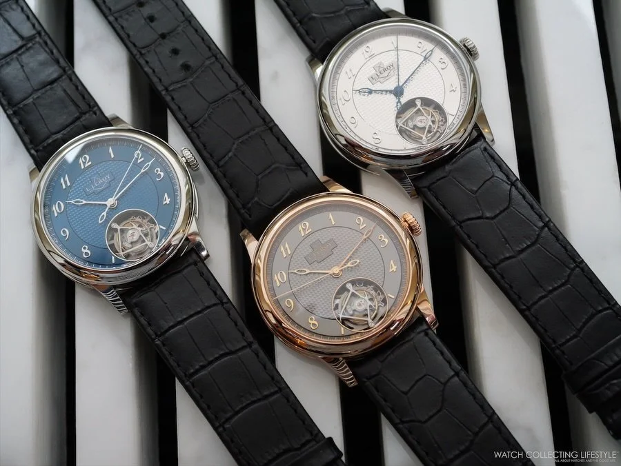 The @l.leroy1785 Elyor arrives in three executions: grade 5 titanium as ref. LL311/1 with a silver dial, platinum 950 as ref. LL310/1 with an ALD-treated sky-blue dial, and 18K 5N gold ref. LL309/1 with an anthracite dial and gold accents. #lleroy #w