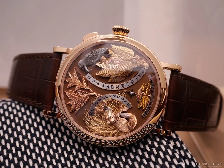 The new @patekphilippe Automaton reference 5249R-001 is the first automaton wristwatch Patek Philippe has produced in its contemporary history. The dial, with applied hand-engraved fox, crow, and foliage decorations in 18K gold, shows hours and minut