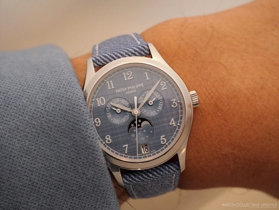 The new Patek Philippe ref. 4946G-001 arrives for 2026 in white gold with a blue-gray dial given a double vertical and horizontal satin finish described as a &lsquo;shantung&rsquo; texture&mdash;an evocation of the raw silk fabric by the same name. T