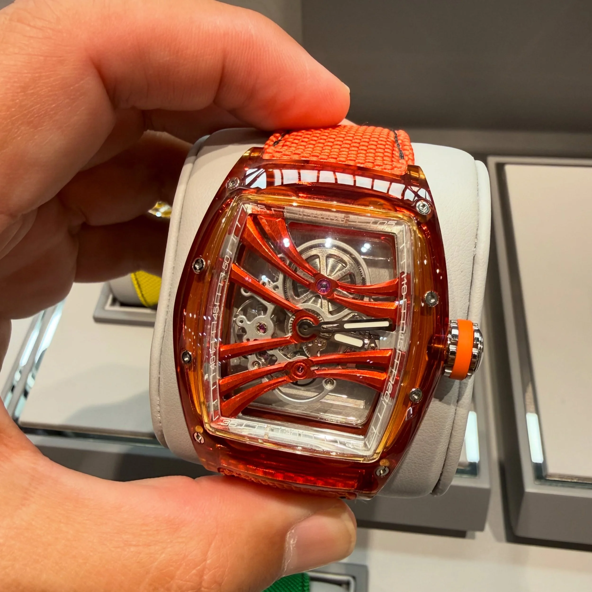 @cvstos_official Challenge Purity Sapphire where the tonneau-shaped Challenge II case is machined entirely from sapphire crystal. A colorful expression with orange bridges. #cvstos #watchesandwonders2026 #sapphire #sapphirewatch