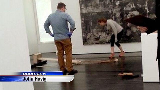 This girl accidentally backed into and knocked over the late Cy Twombly's sculpture, Untitled 1954 , on Sunday at Houston's Menil. ..errrmm........yikes.